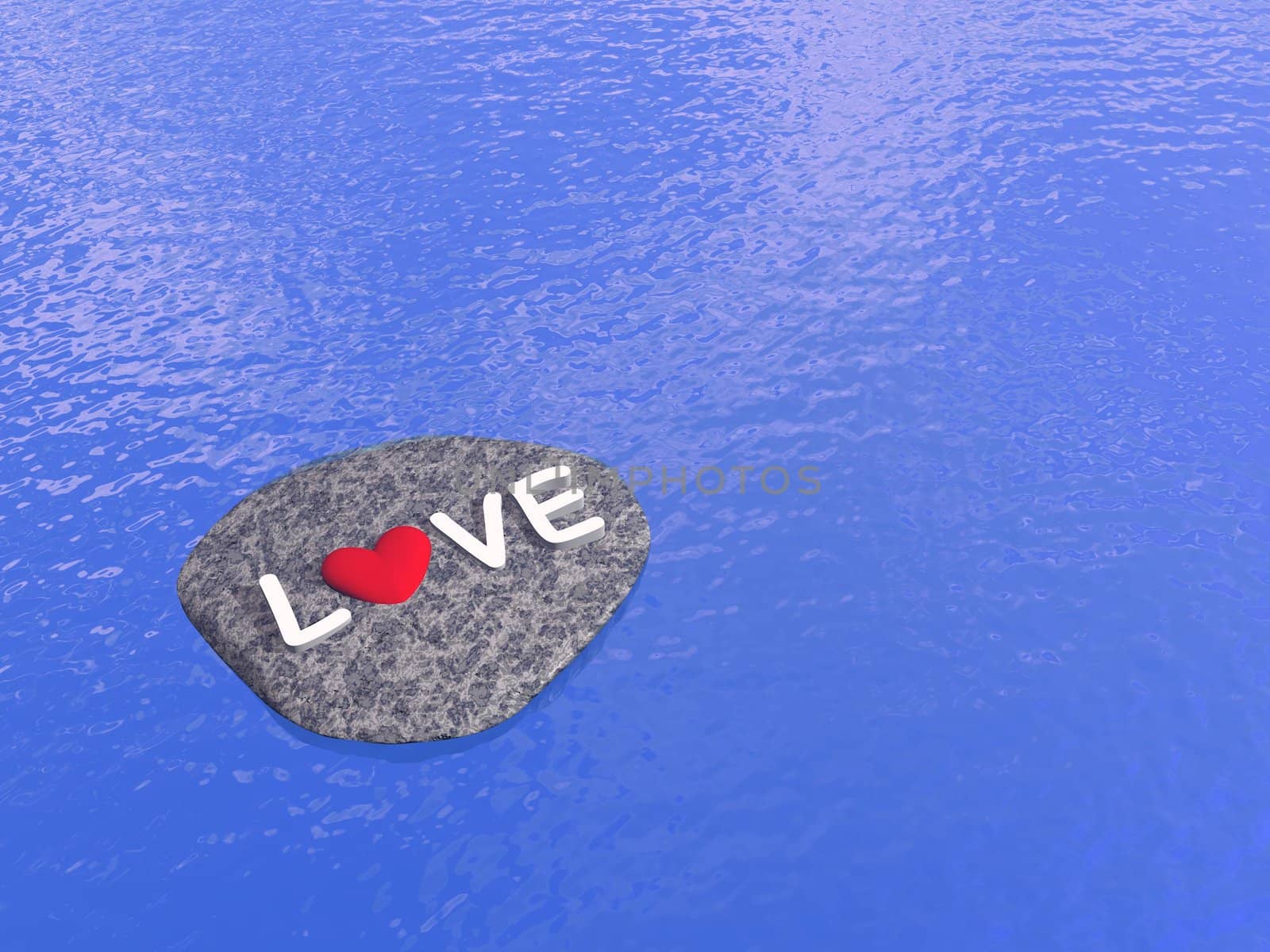 Love with red heart upon a stone on the water - 3D render