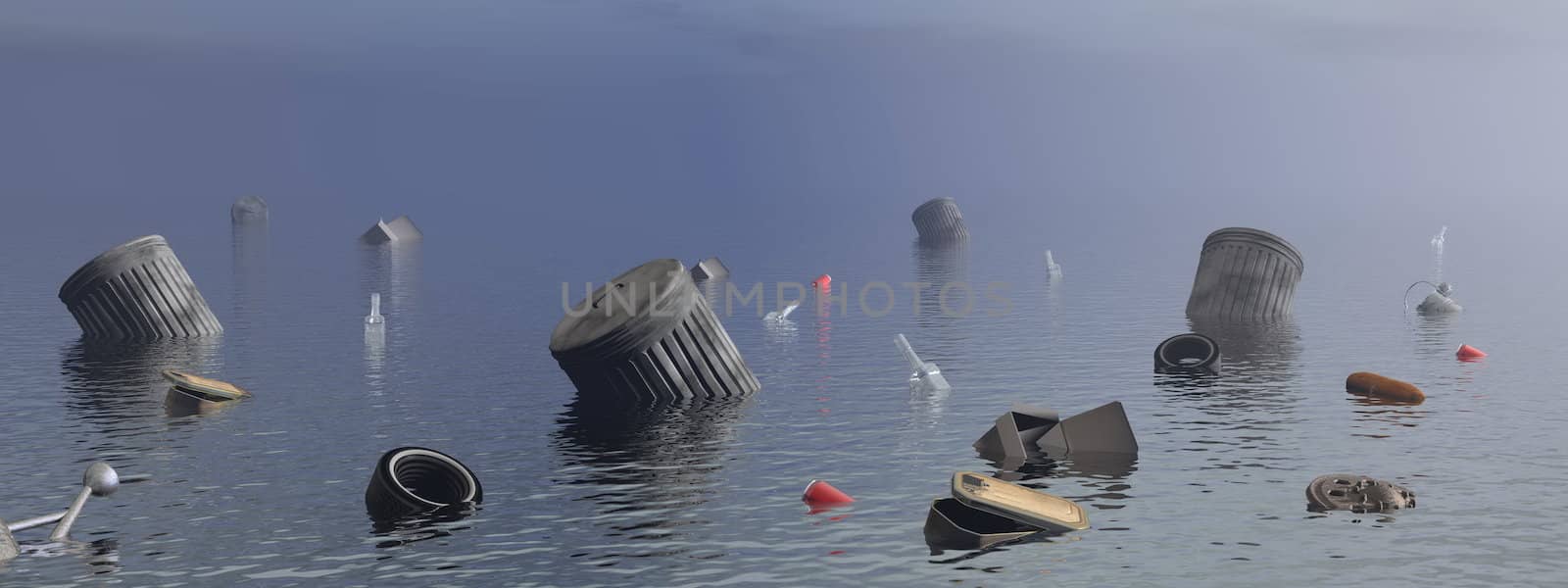 Many object polluting in the ocean - 3D render