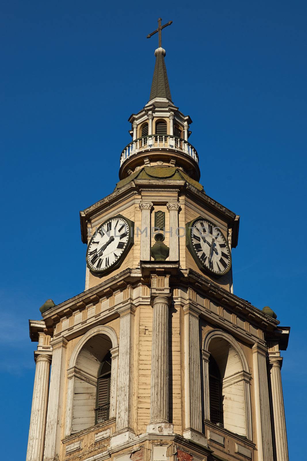 Clock tower of the historic San Francisco church in central Santiago, Chile