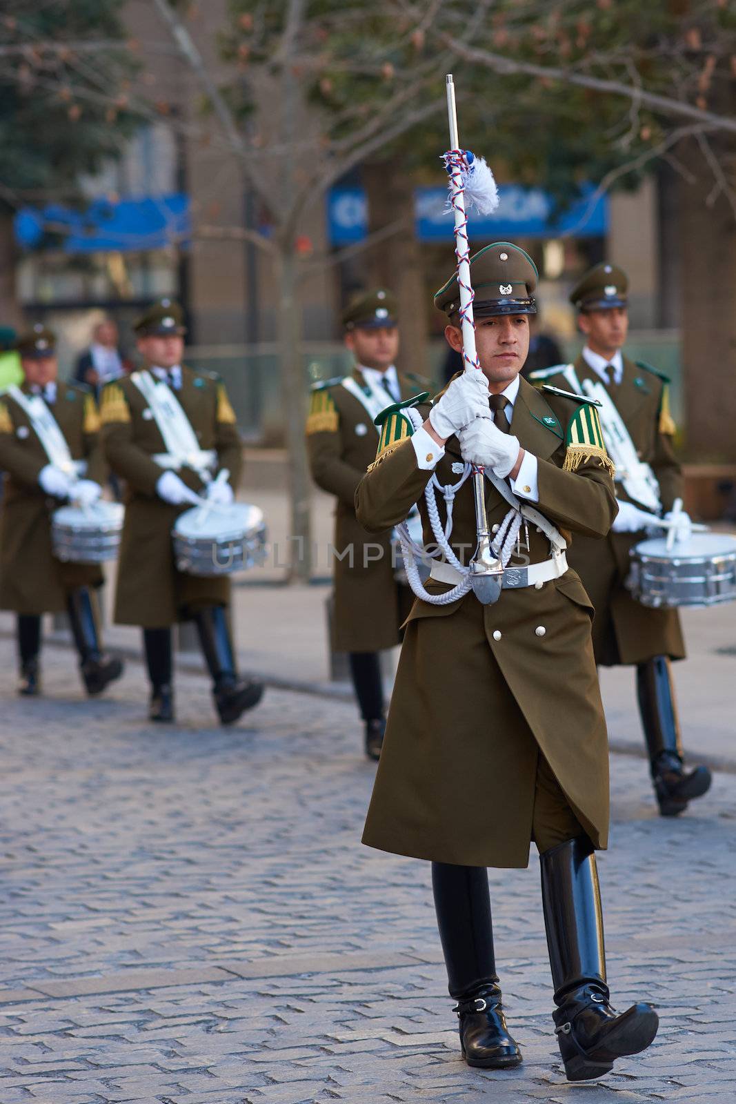 Leader of the Carabineros Band marching as part of the changing of the guard ceremony at La Moneda in Santiago, Chile