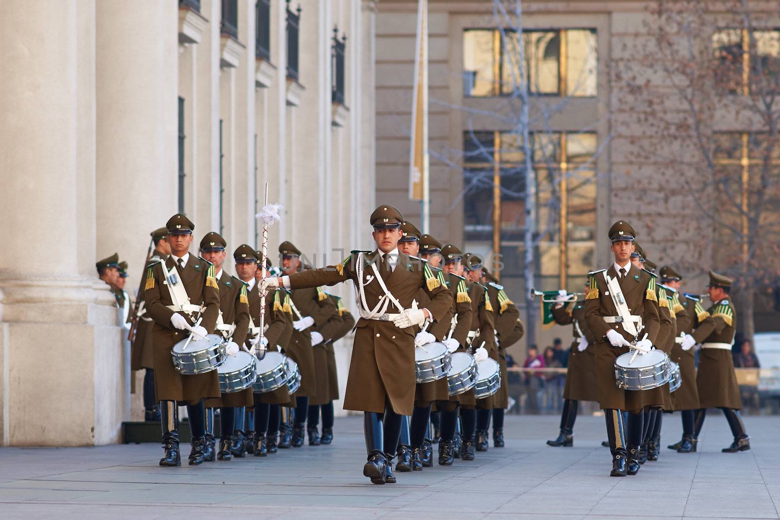 Members of the Carabineros Band marching as part of the changing of the guard ceremony at La Moneda in Santiago, Chile