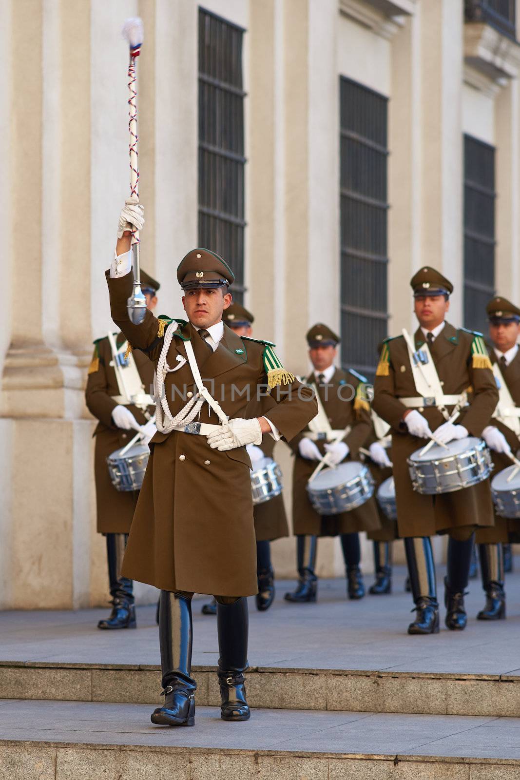 Members of the Carabineros Band marching as part of the changing of the guard ceremony at La Moneda in Santiago, Chile