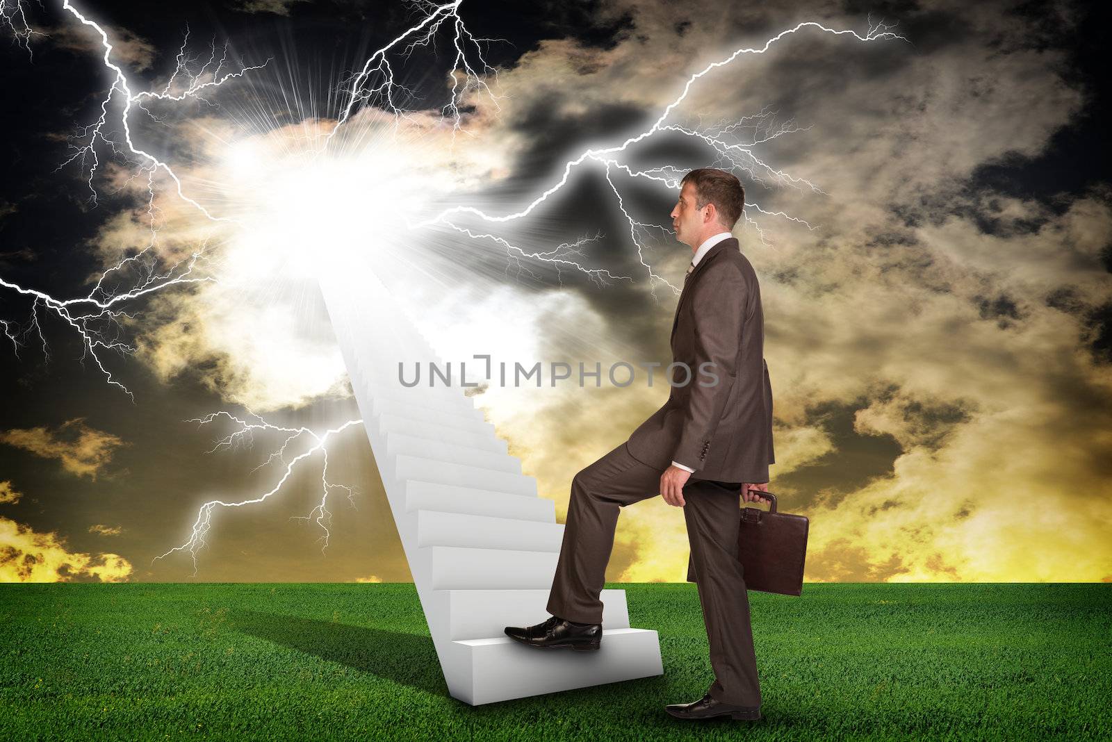Businessman climbing up stairs leading to sky. Business concept
