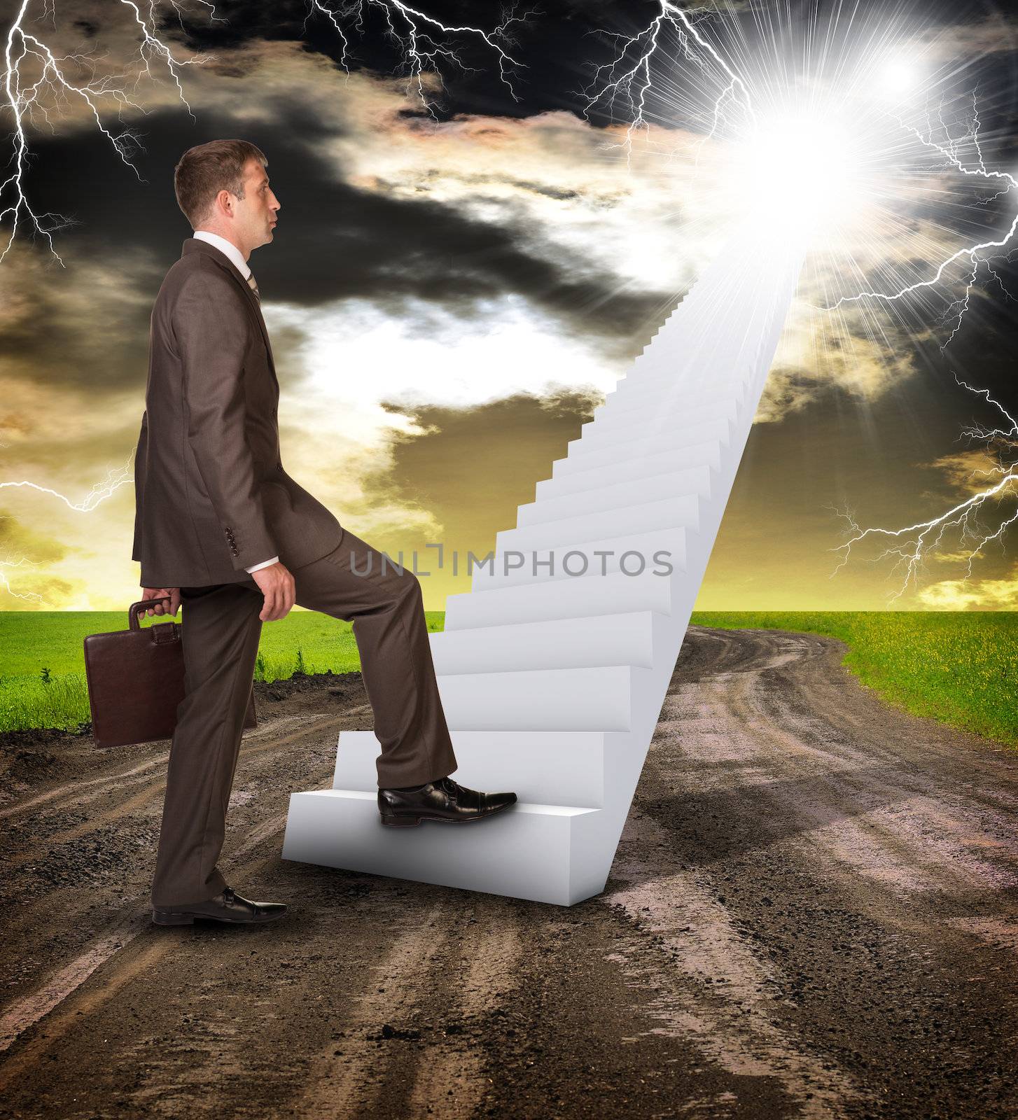 Businessman climbing up stairs leading to sky by cherezoff