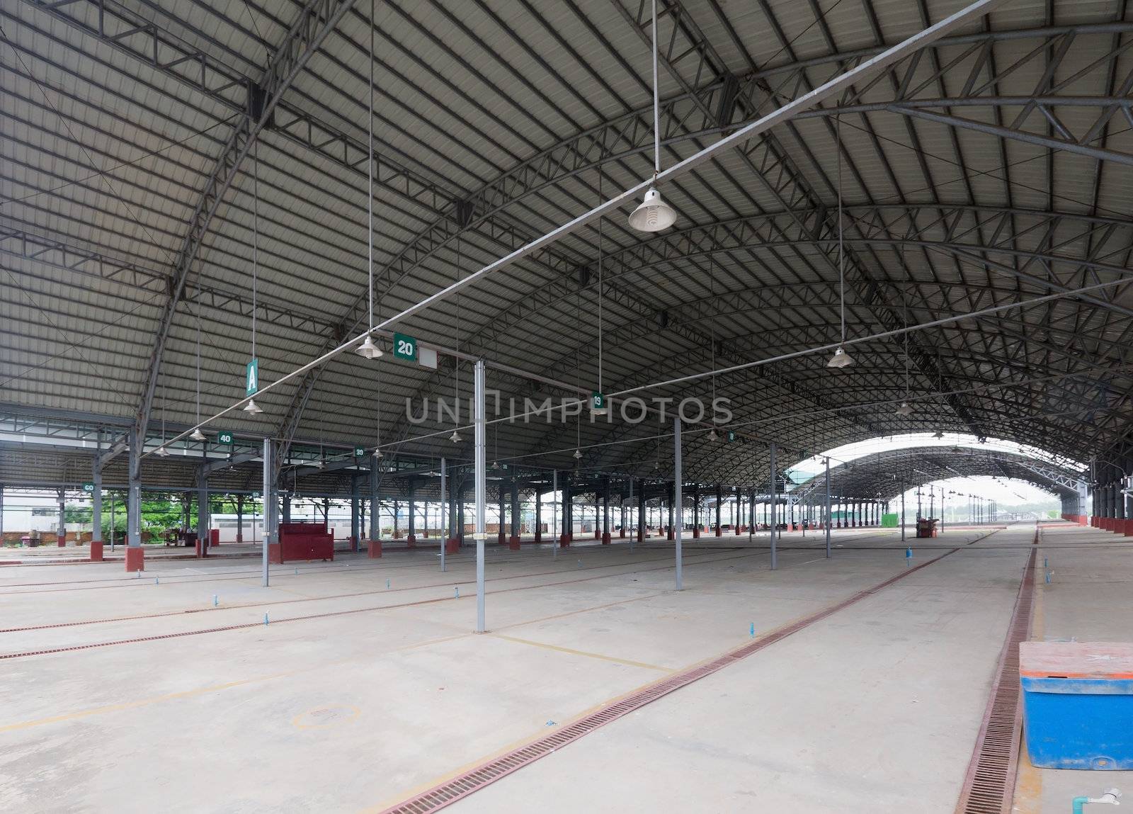 Empty wholesale market hall without walls, purpose built for fresh food. Photo taken in Yangon, Myanmar.