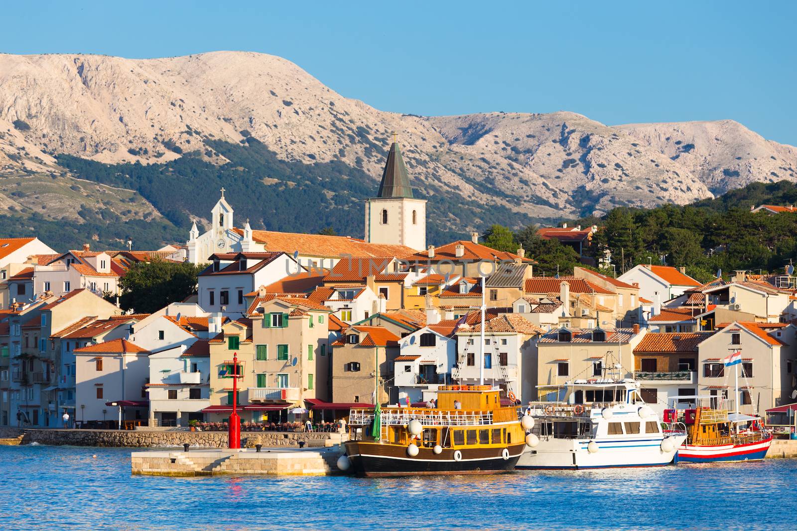 Panoramic view of Baska town, popular touristic destination on island Krk Croatia Europe.