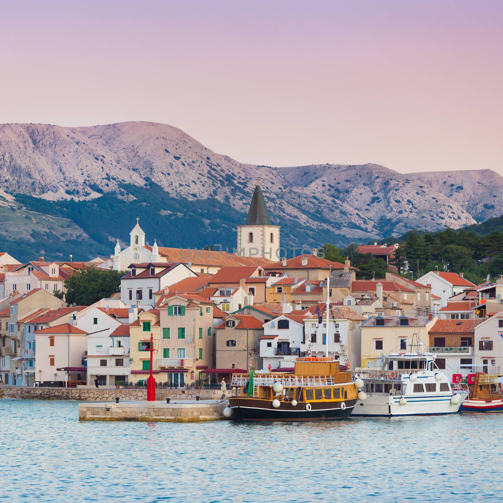 Panoramic view of Baska town, popular touristic destination on island Krk Croatia Europe.