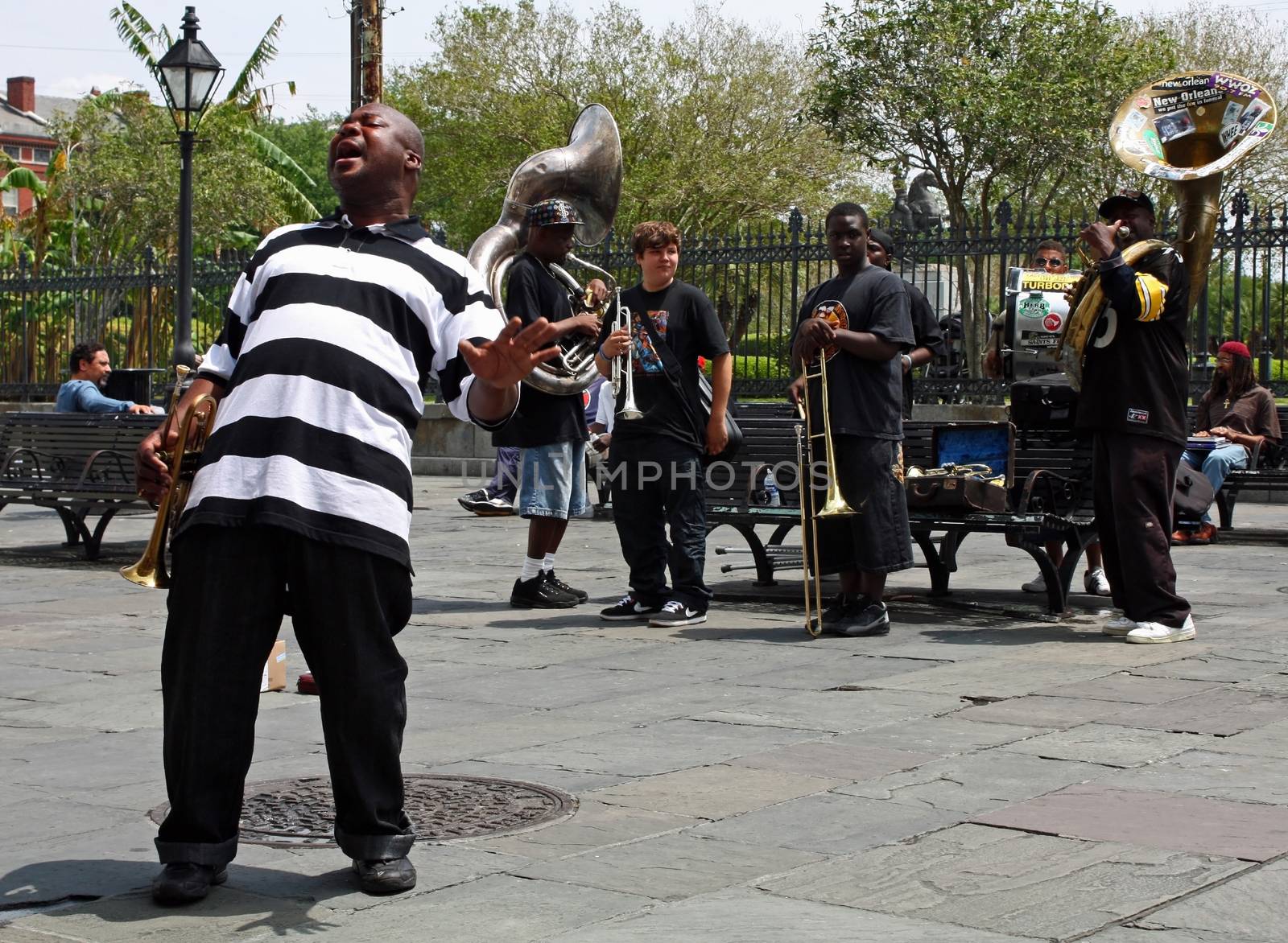 NEW ORLEANS, LOUISIANA - April 13: A jazz band plays in Jackson Square April 13, 2009 in New Orleans, Louisiana after recovery from hurricane Katrina just before the Jazz and Heritage Festival.

