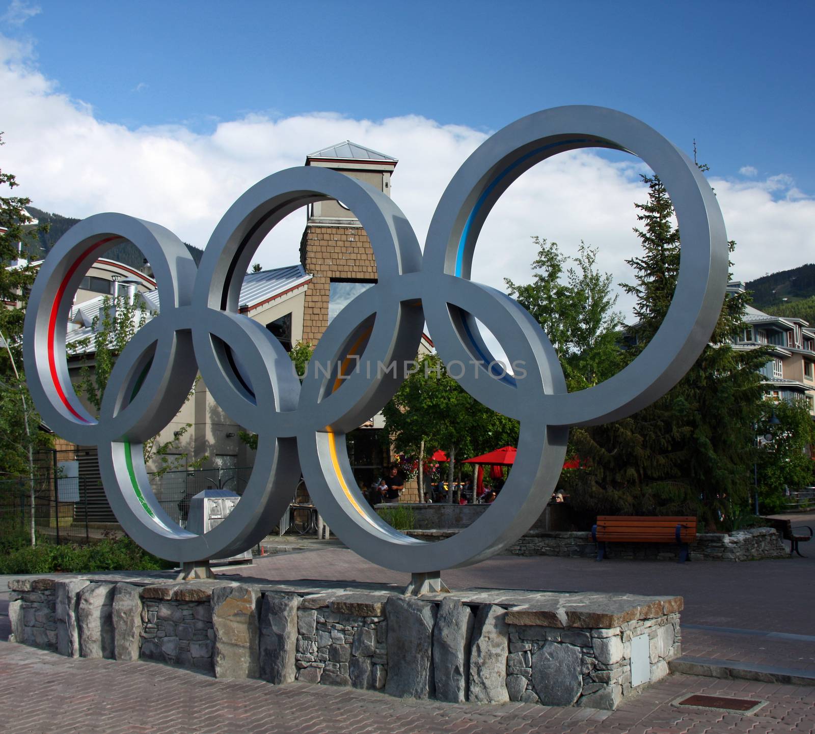 WHISTLER VILLAGE - JUL 12: Olympic rings in Whistler Village, site of the 2010 Winter Olympics and Paralymics. Taken July 12, 2011 in Whistler Village, British Columbia, Canada.