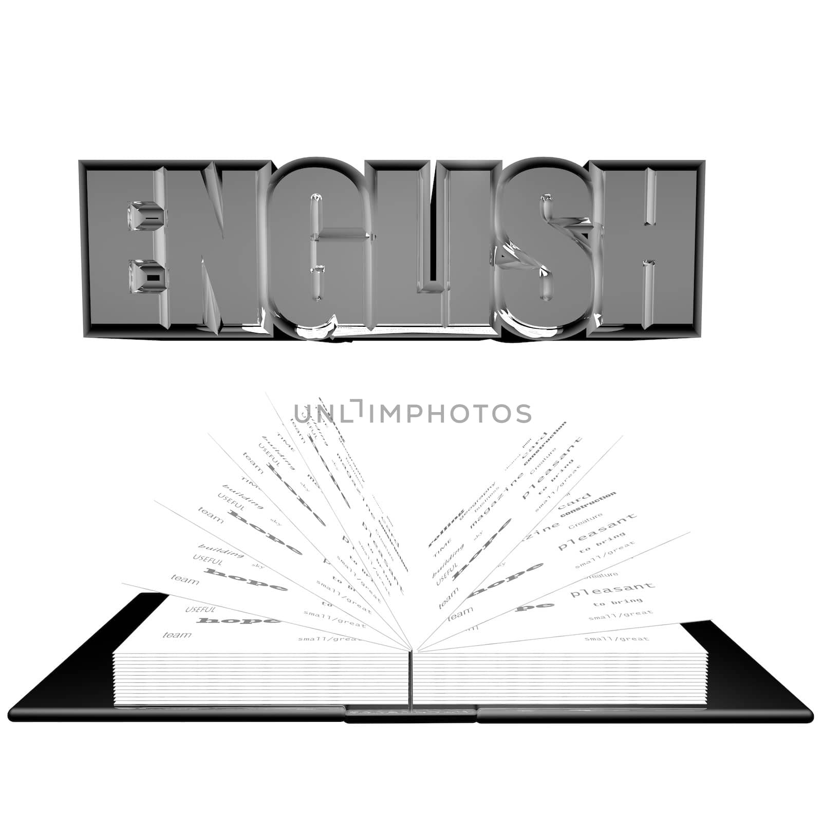 "English" word over an open book, isolated over white, 3d render