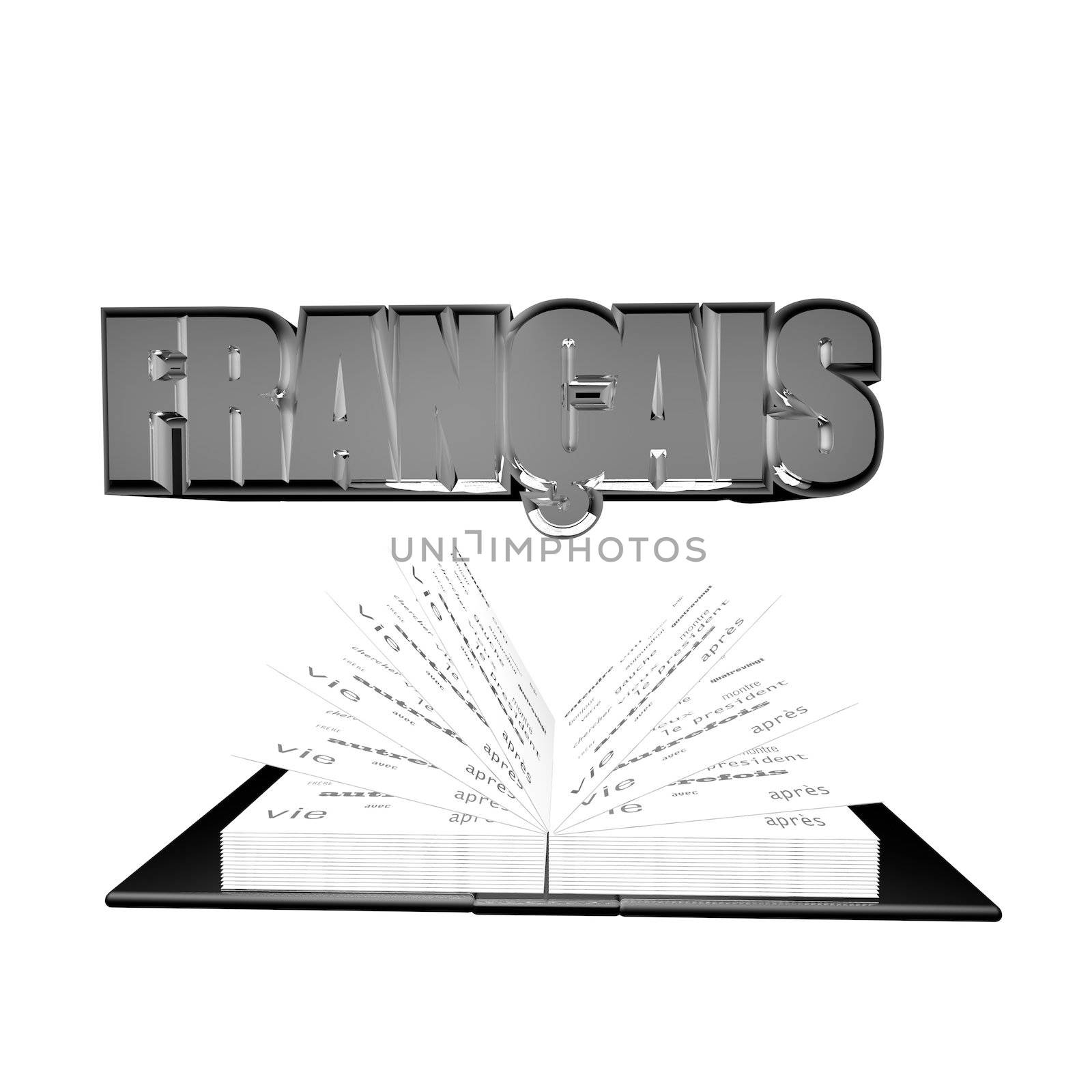 "Francais" (French) word over an open book, isolated over white, 3d render