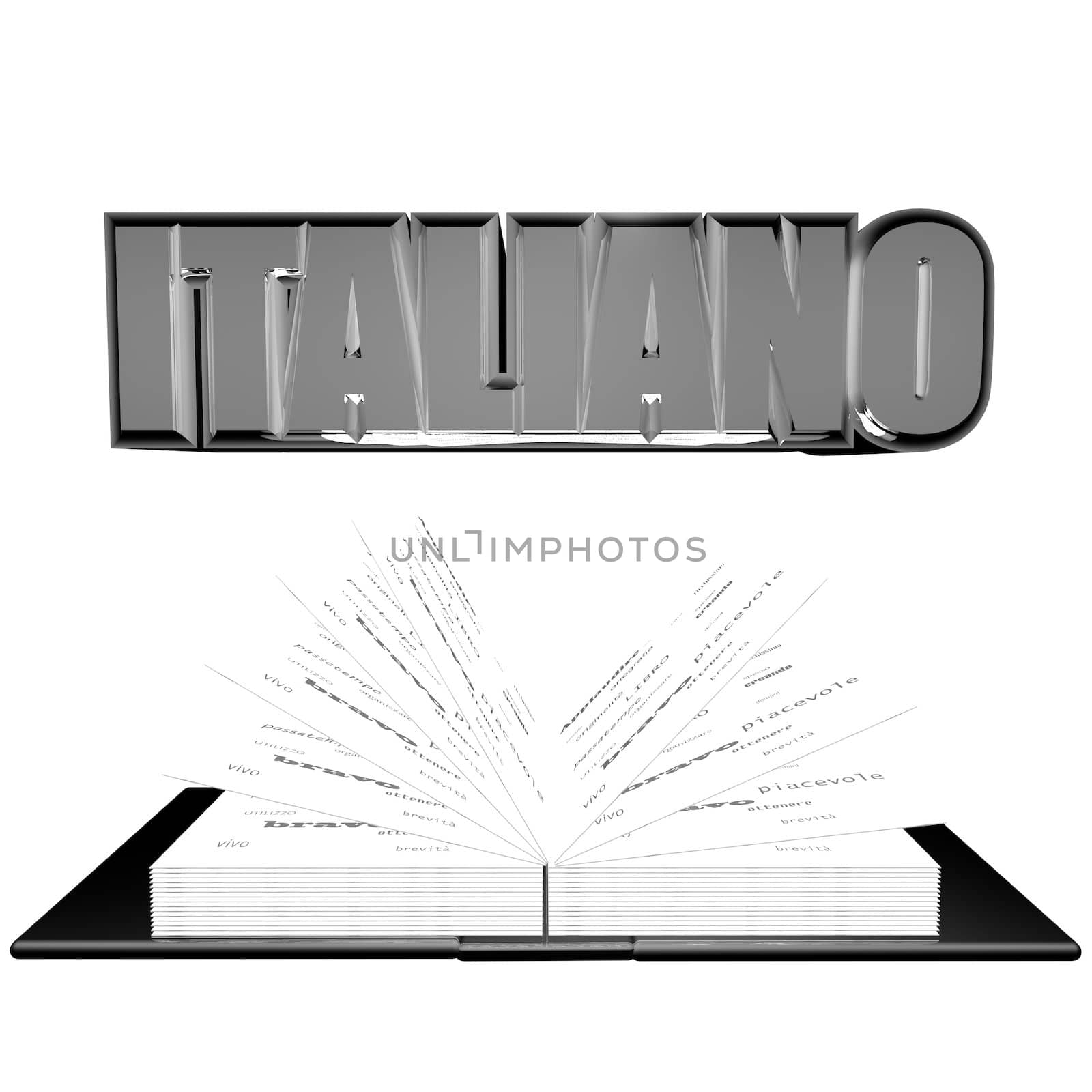 "Italiano" (Italian) word over an open book, isolated over white, 3d render