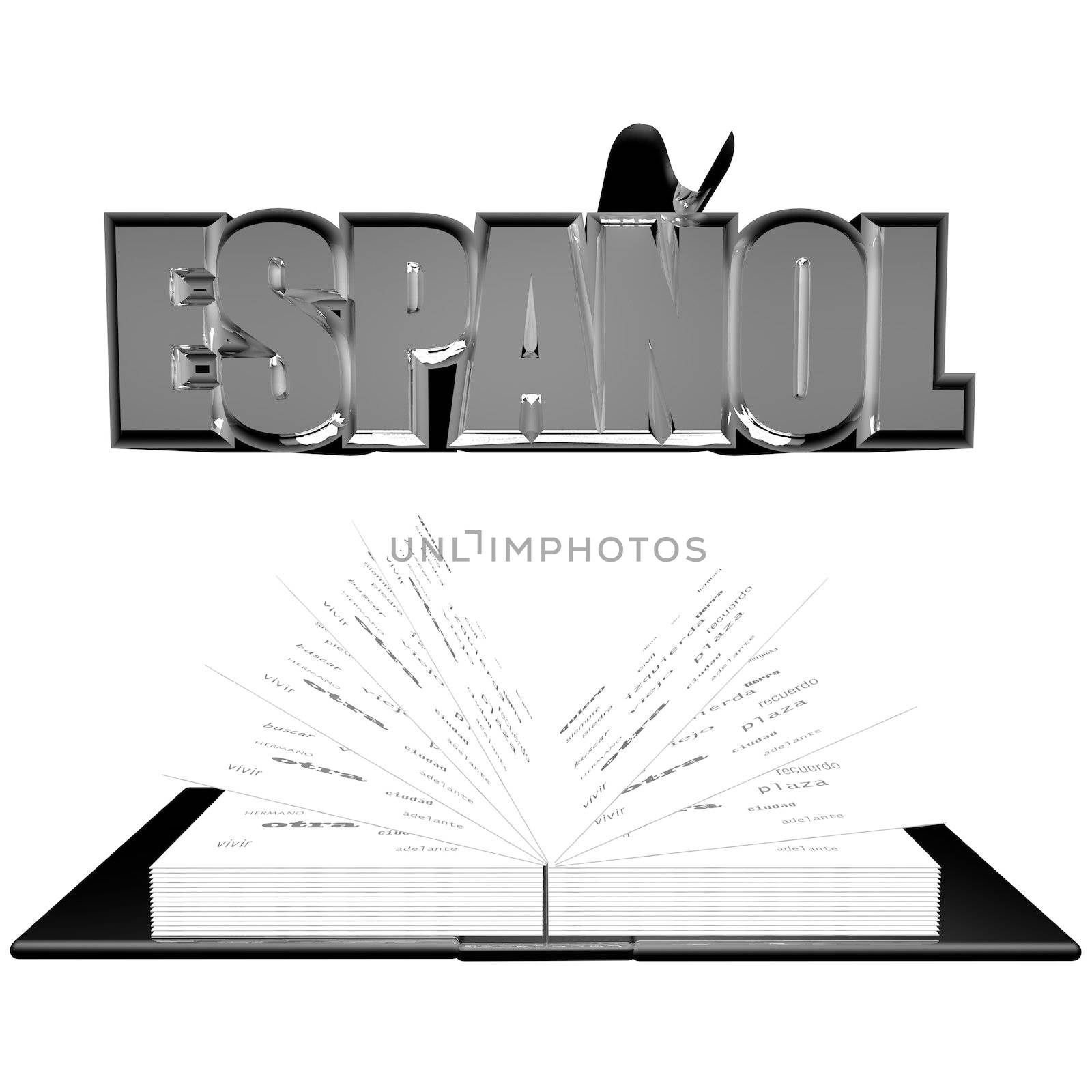 "Espanol" (Spanish) word over an open book, isolated over white, 3d render