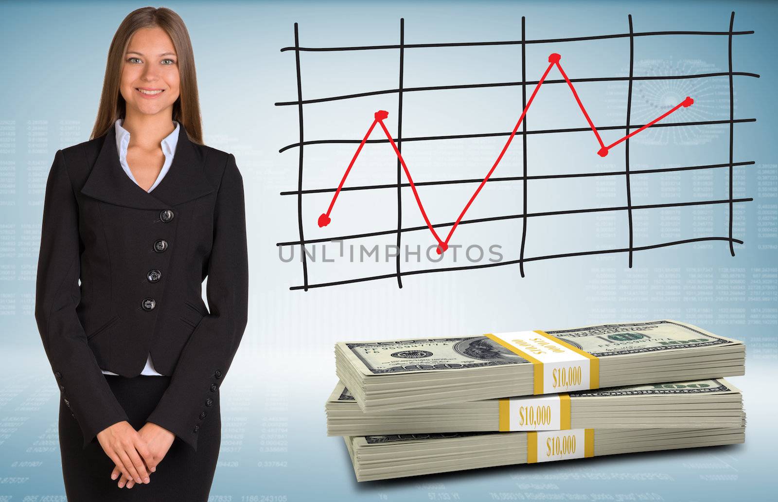 Businesswoman with packs dollars. Schedule of price increases in background