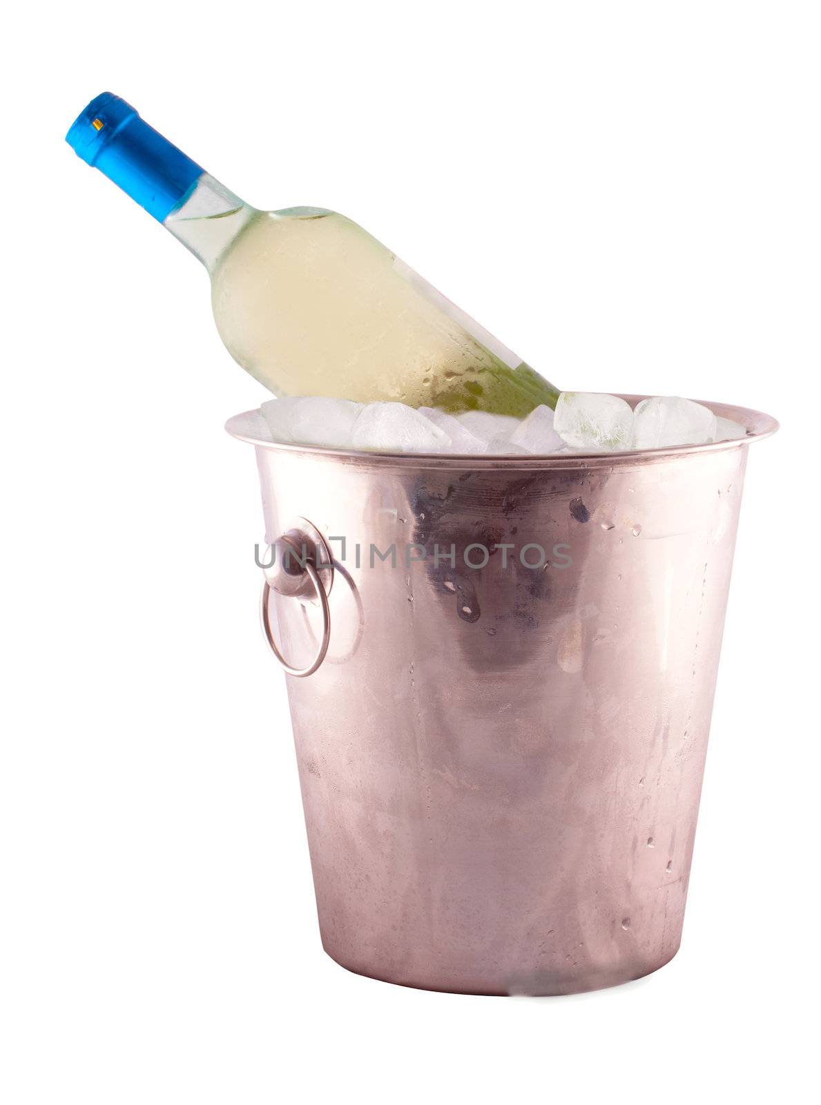 Wine bottle in a metal bucket full of ice, isolated over white