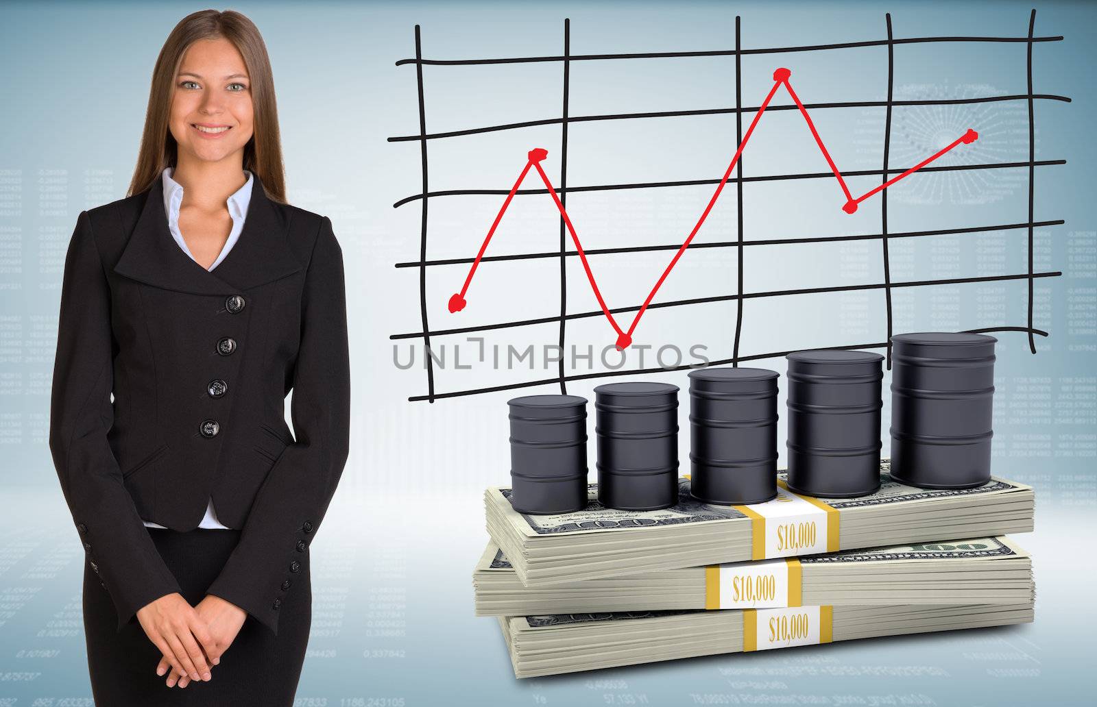 Businesswoman with barrels oil and money. Schedule of price increases in background
