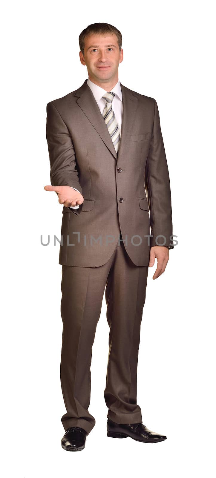 Businessman holds her hand in front of him. Isolated white background