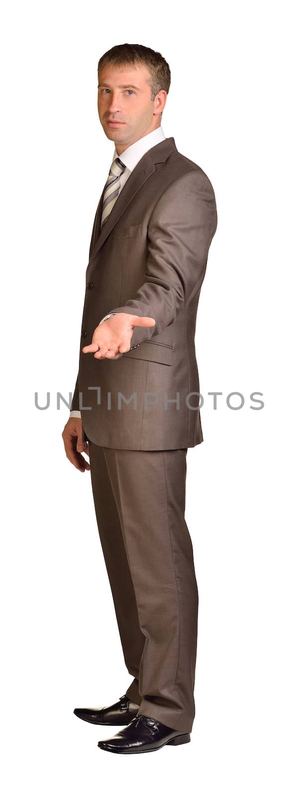 Businessman holds her hand in front of him by cherezoff