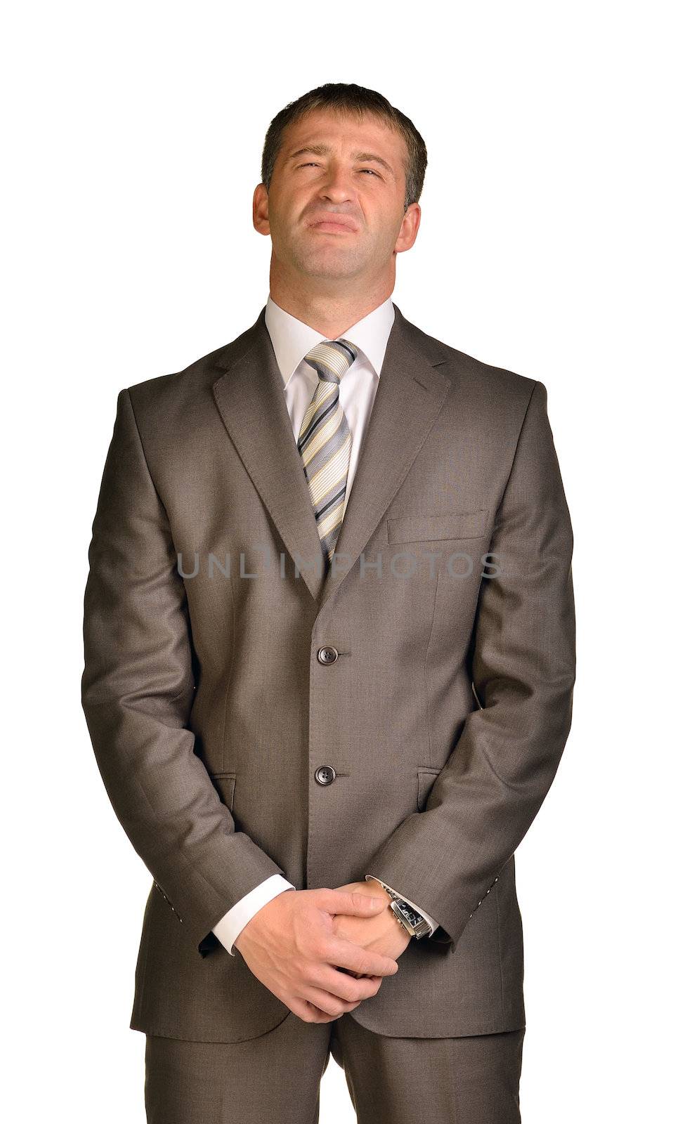 Businessman with disdain on her face. Isolated on white background