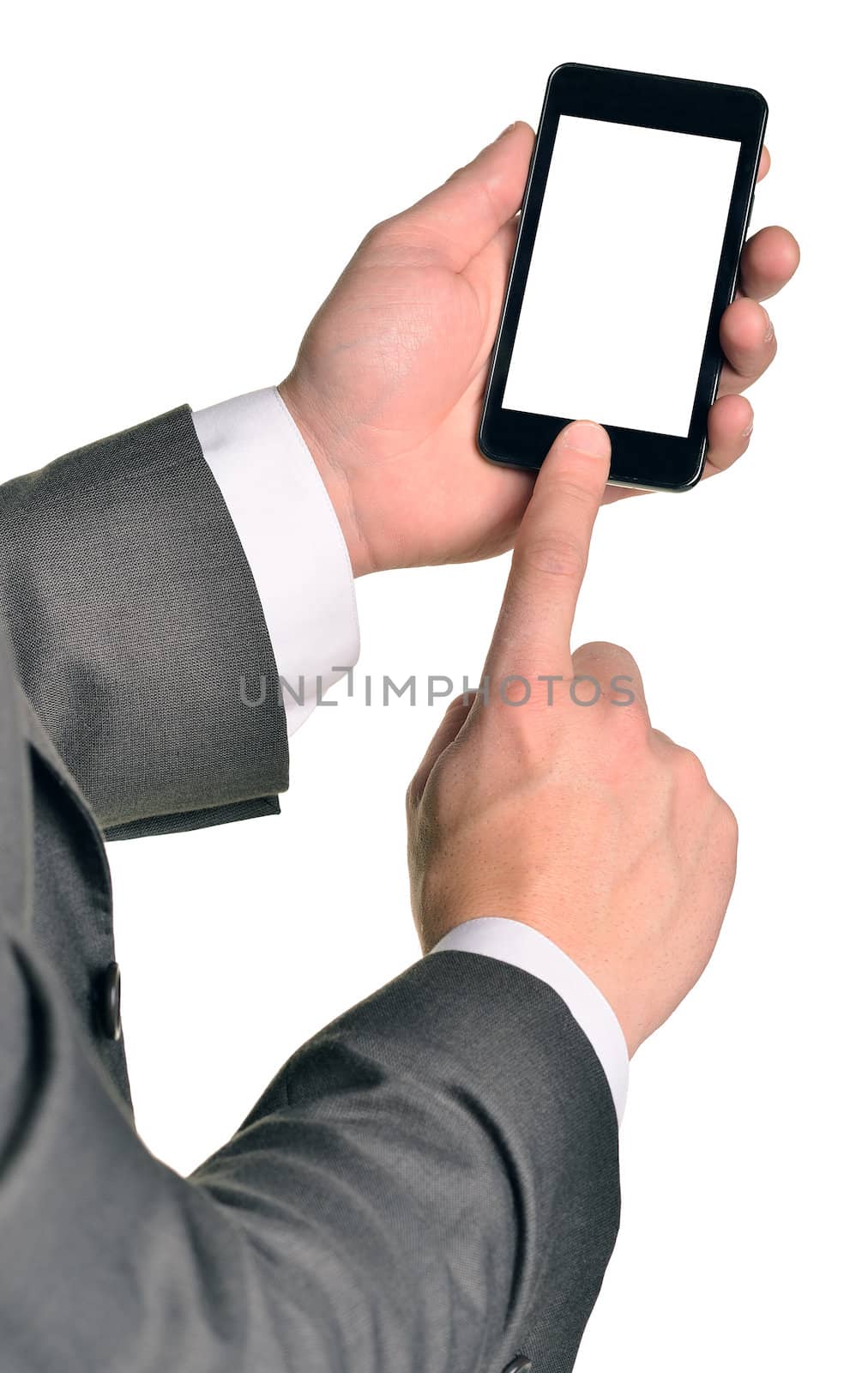 Close up of man using mobile smart phone. Isolated on white background