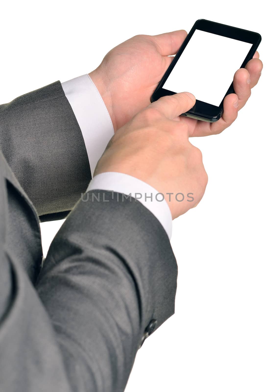 Close up of man using mobile smart phone. Isolated on white background