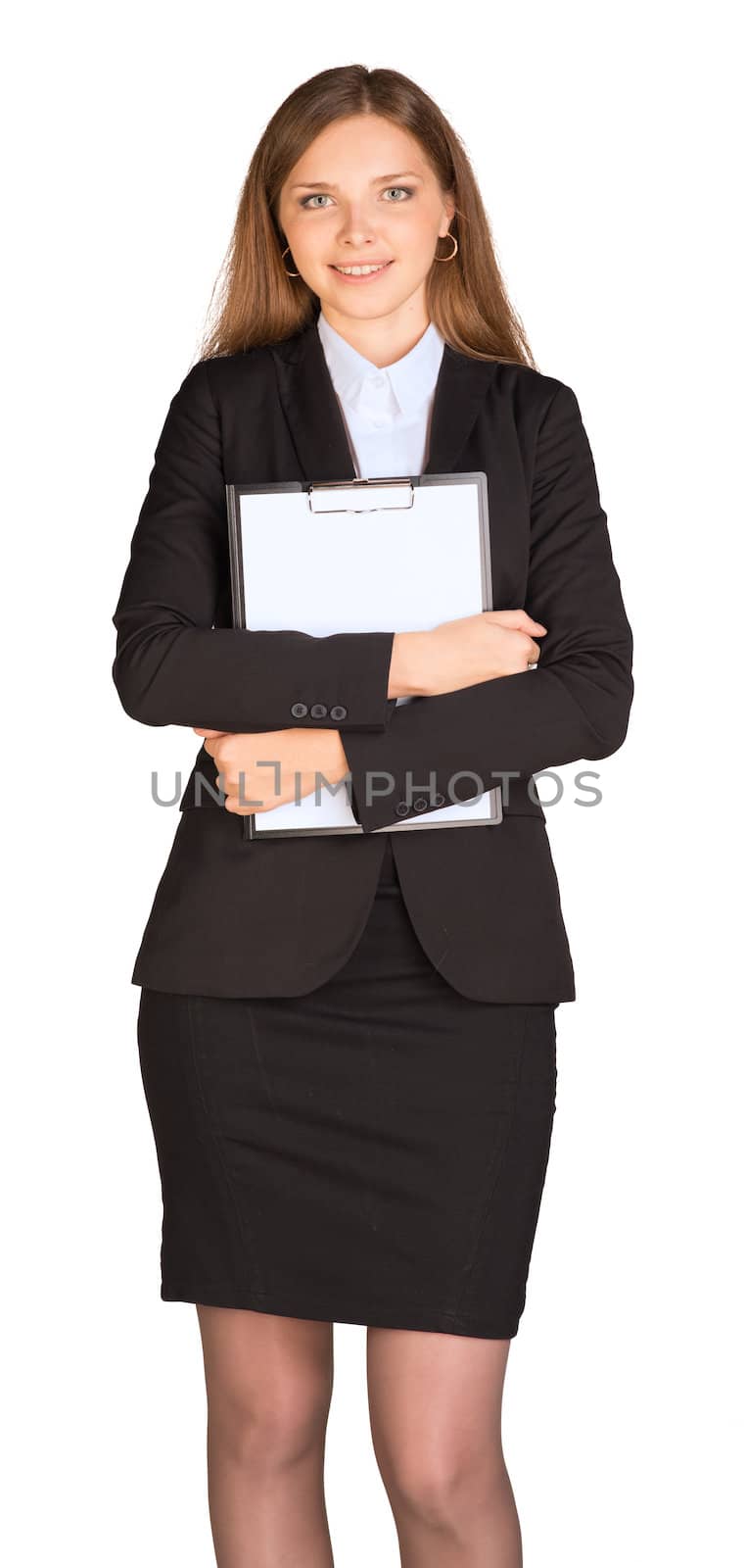 Businesswoman holding paper holder. Isolated on white background
