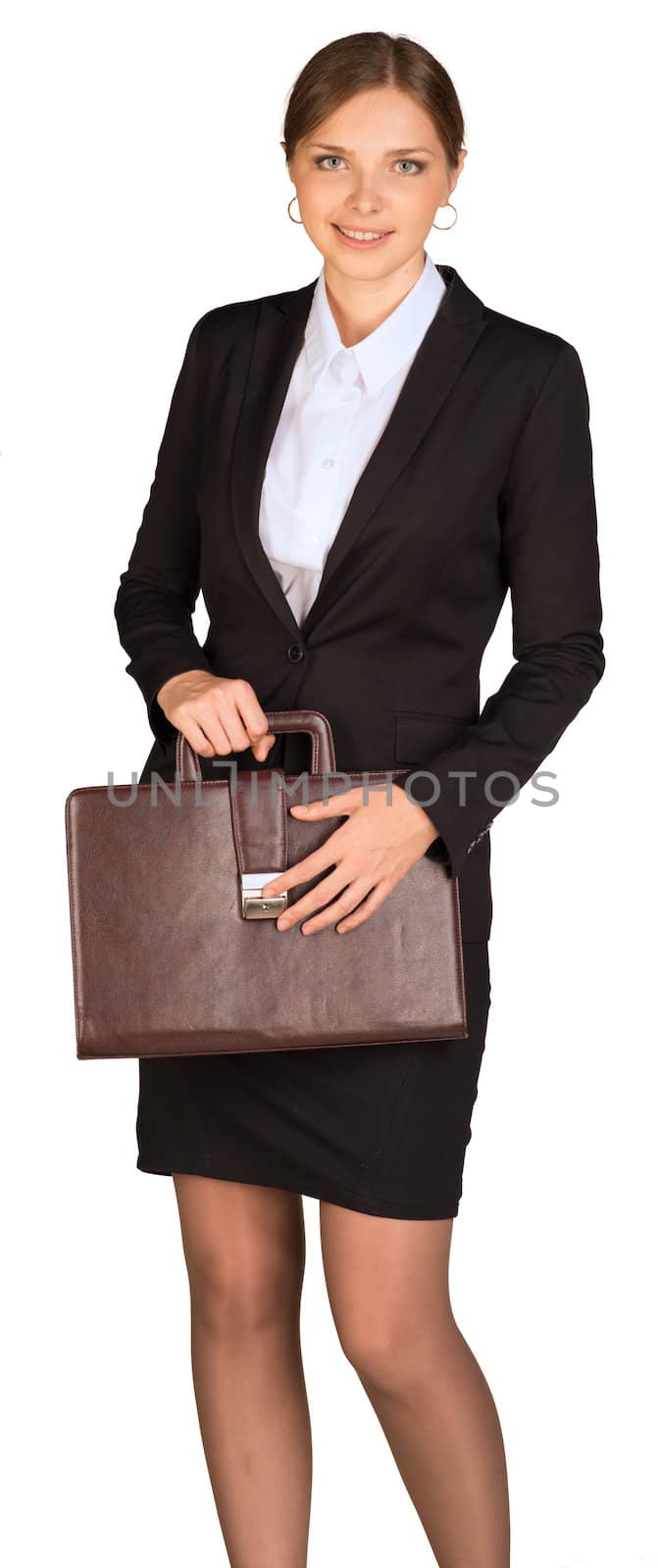 Businesswoman holding briefcase. Isolated on white background