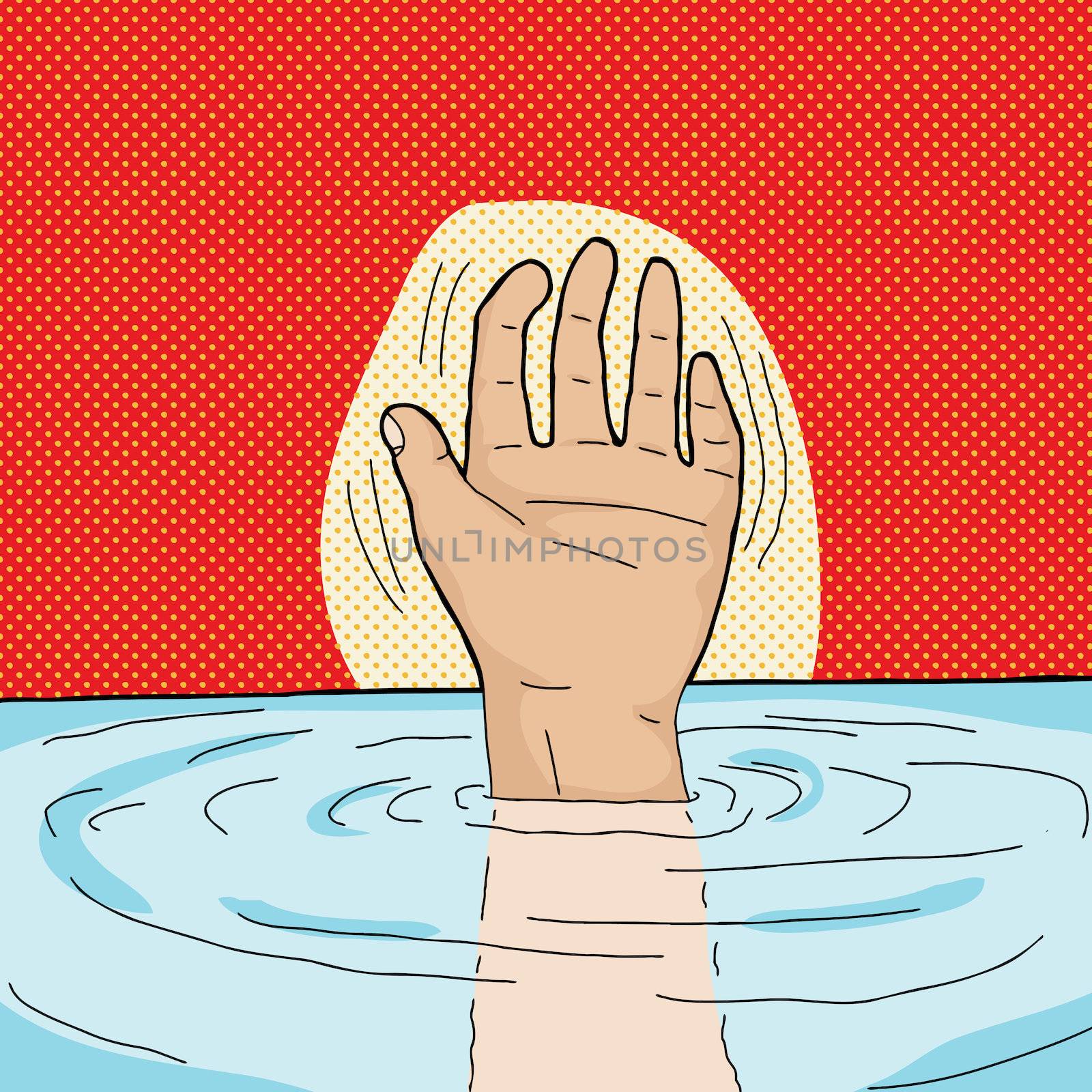 Cartoon of hand waving for help under water