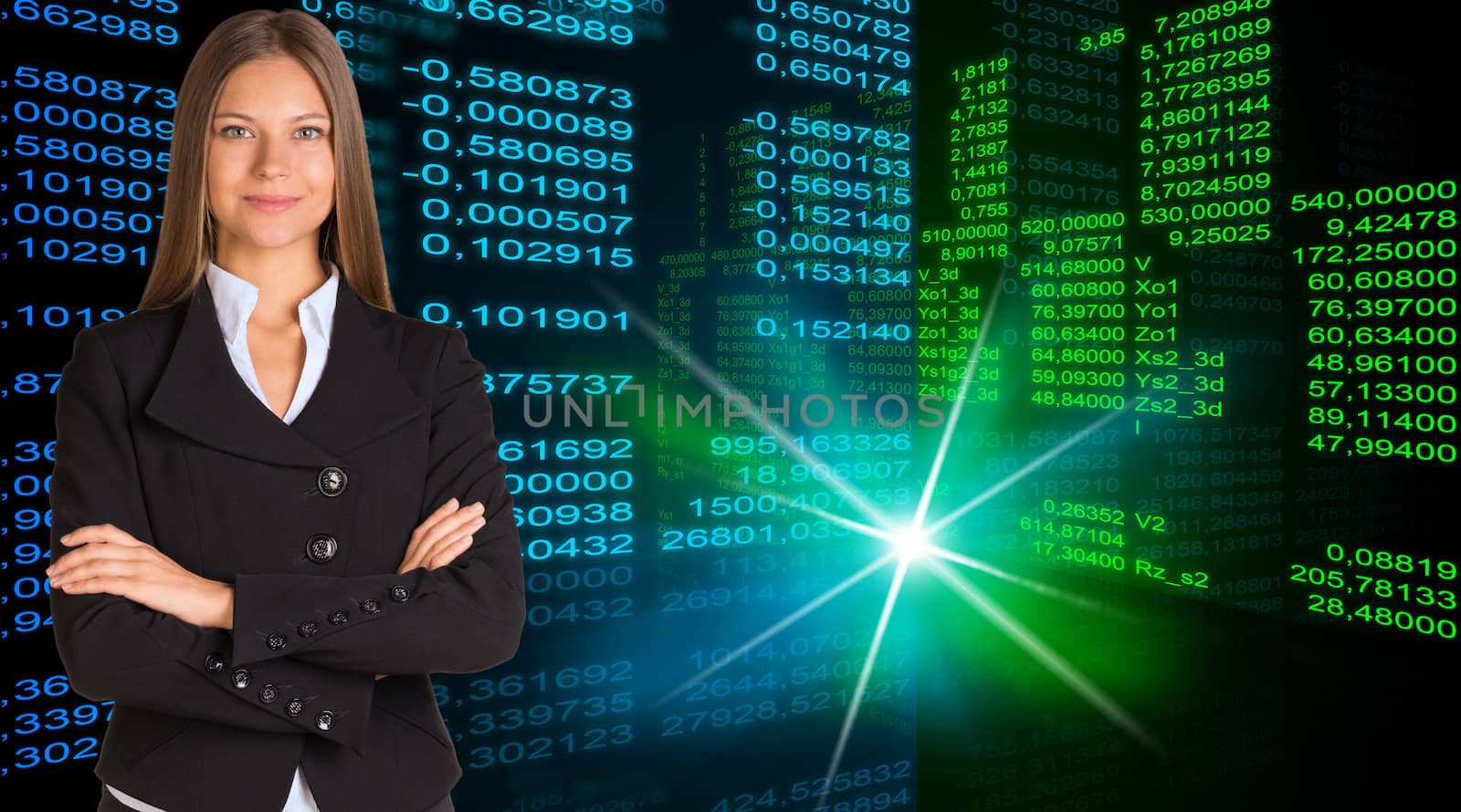 Businesswoman in a suit with background of green and blue glowing figures