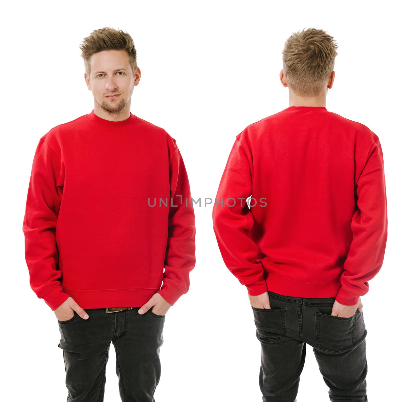 Photo of a man wearing blank red sweatshirt, front and back. Ready for your design or artwork.