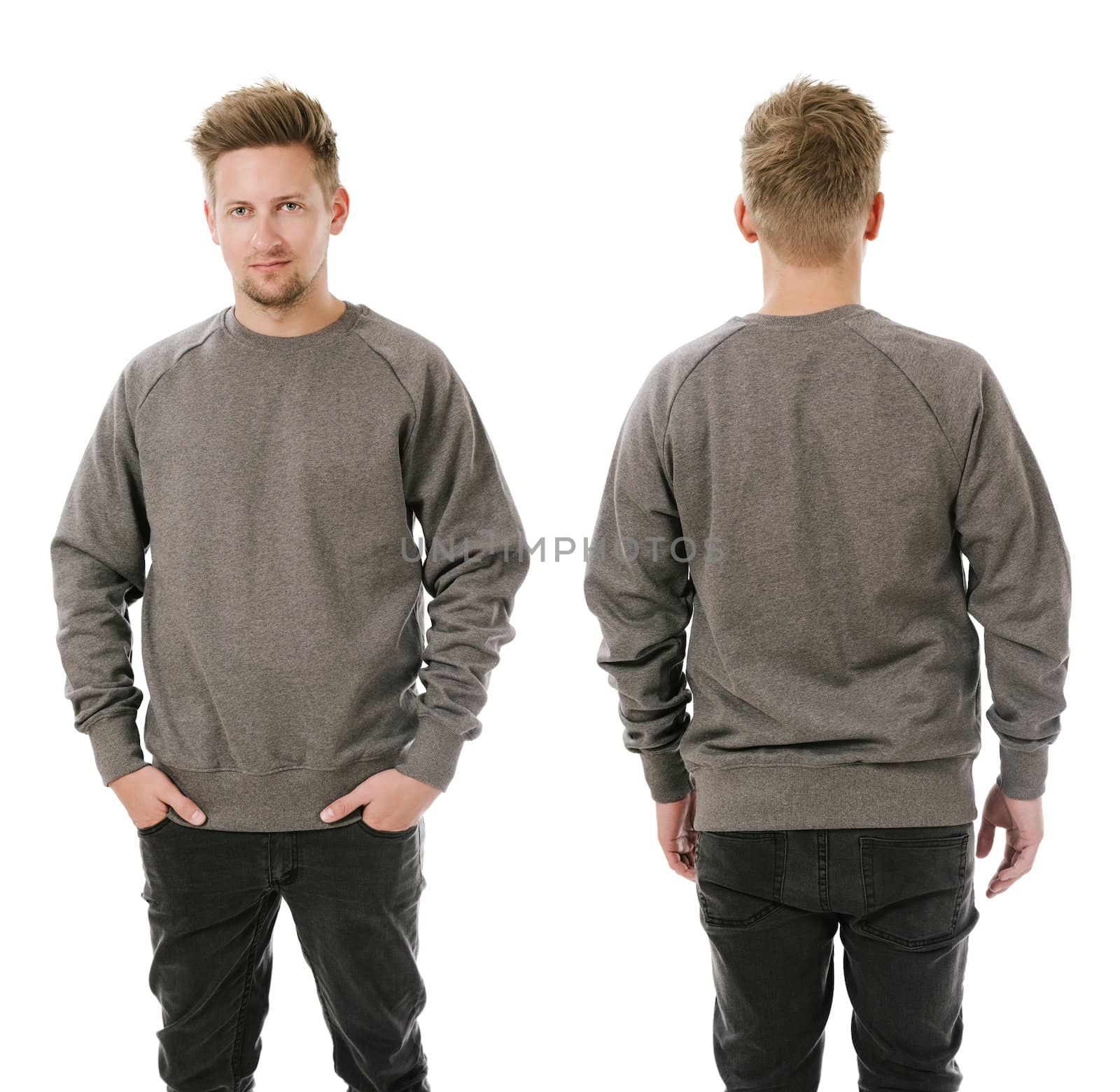 Man posing with blank grey sweatshirt by sumners