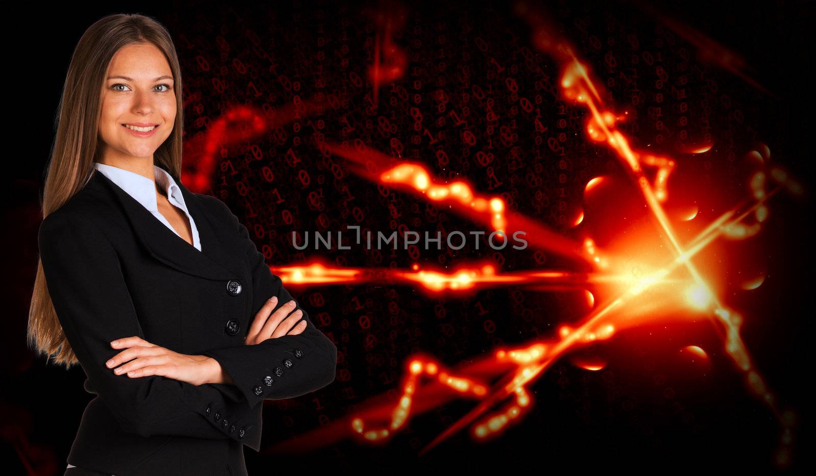 Businesswoman in a suit and glow rays. Business concept