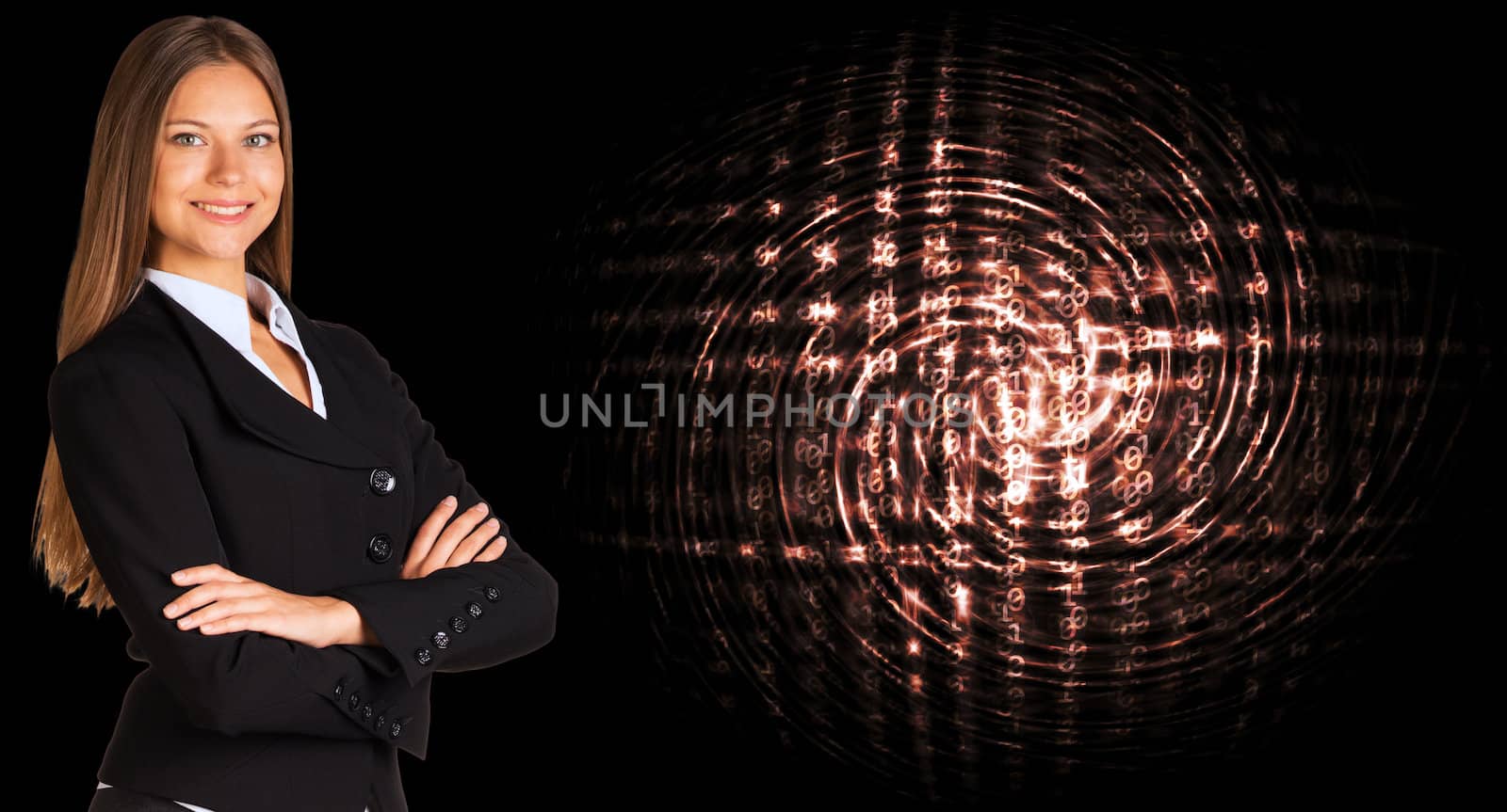 Businesswoman in a suit with background of glowing digital code. Business concept