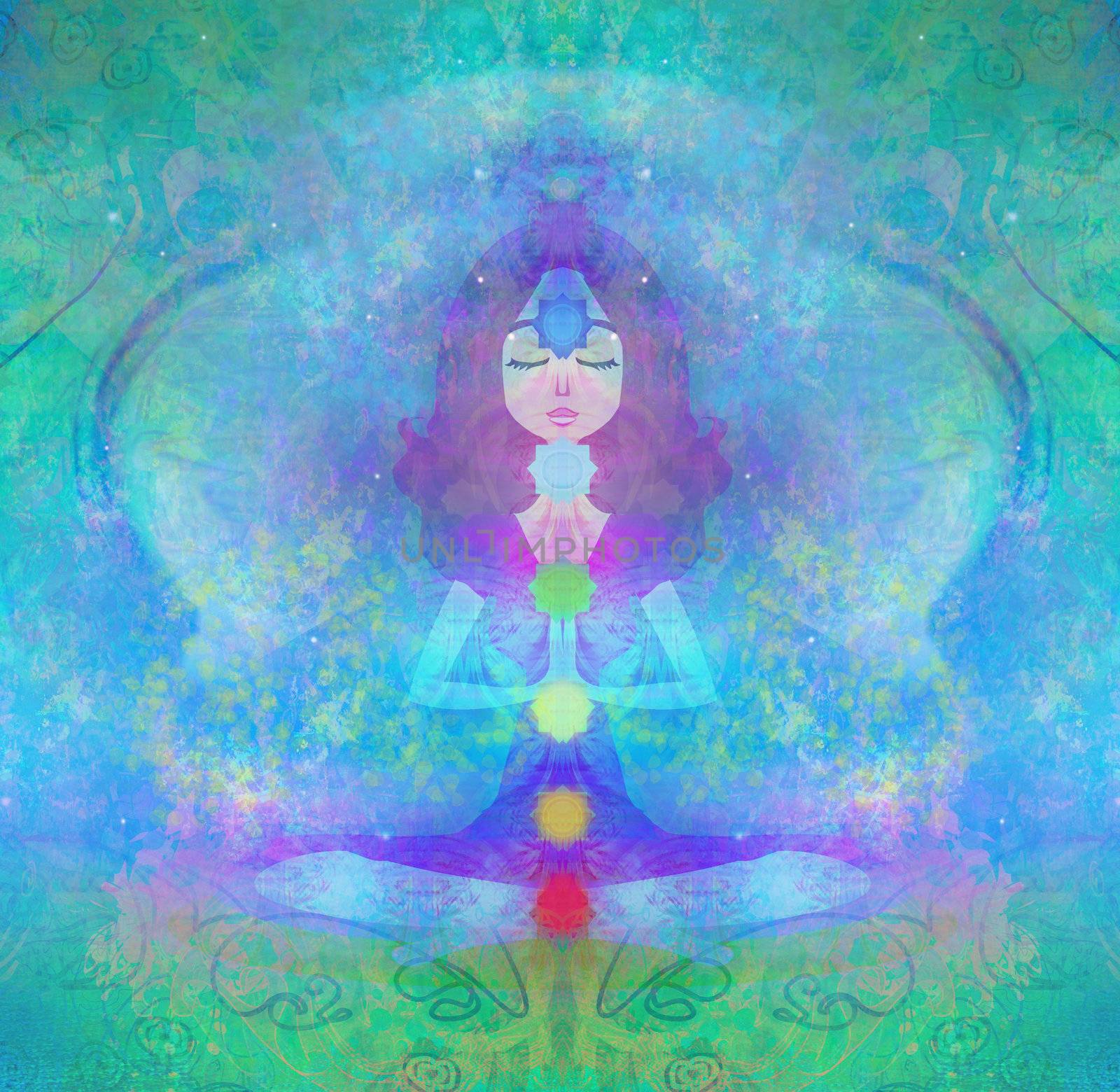 Yoga lotus pose. Padmasana with colored chakra points.