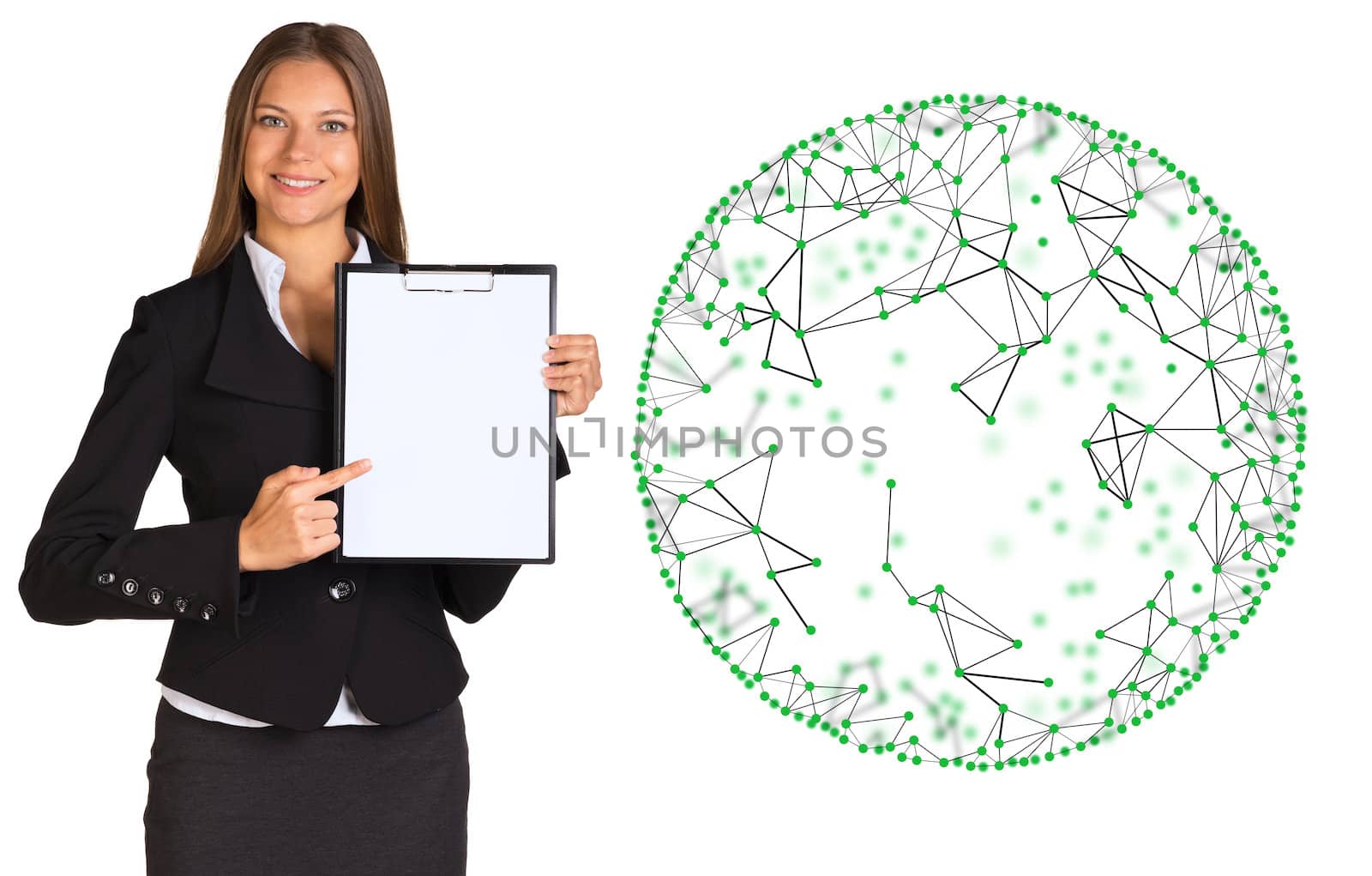 Businesswoman with paper holder and wire-frame sphere by cherezoff