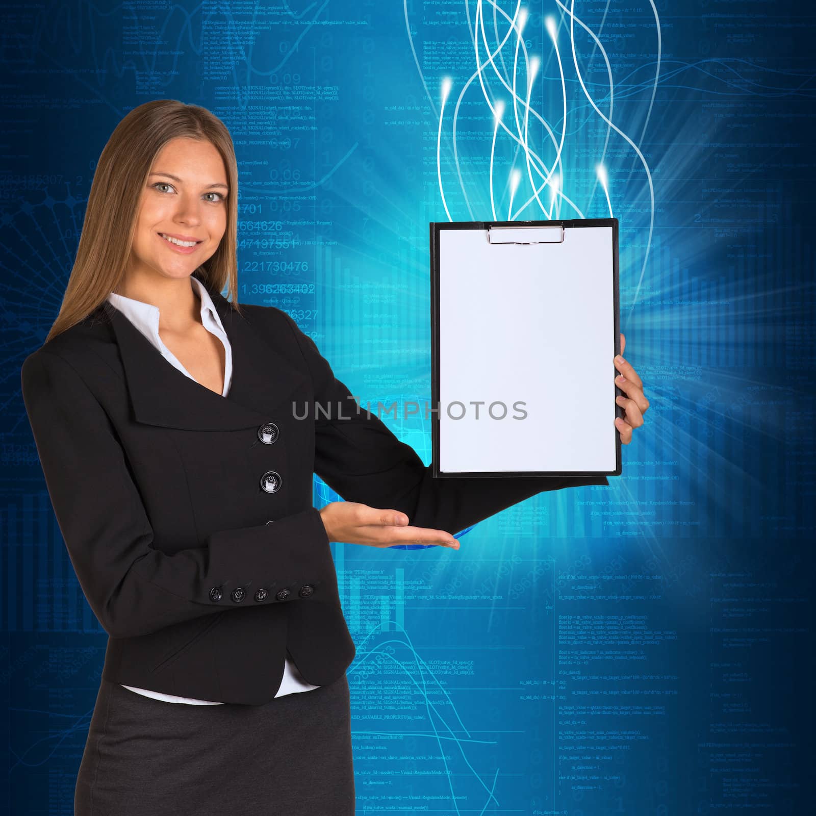 Businesswoman holding paper holder in his hands. Graphs and glow rays as backdrop