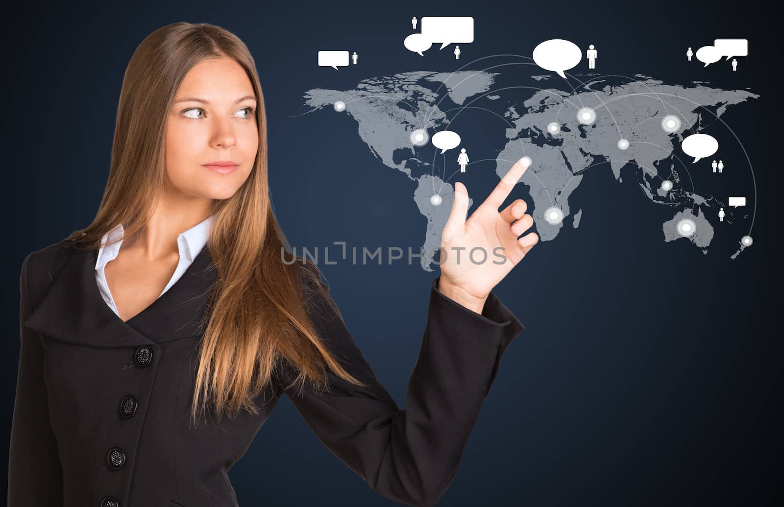 Businesswoman in a suit presses the virtual world map with contacts. The concept of global contacts