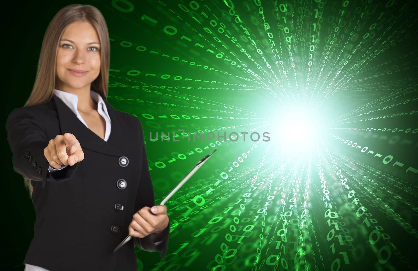 Businesswomen hold paper holder. Glow figures as backdrop