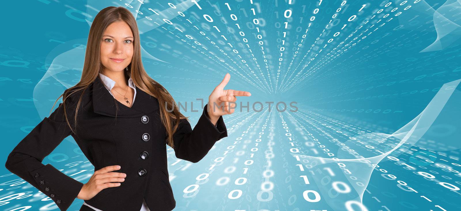 Businesswomen pointing to empty copy space. Glow figures as backdrop