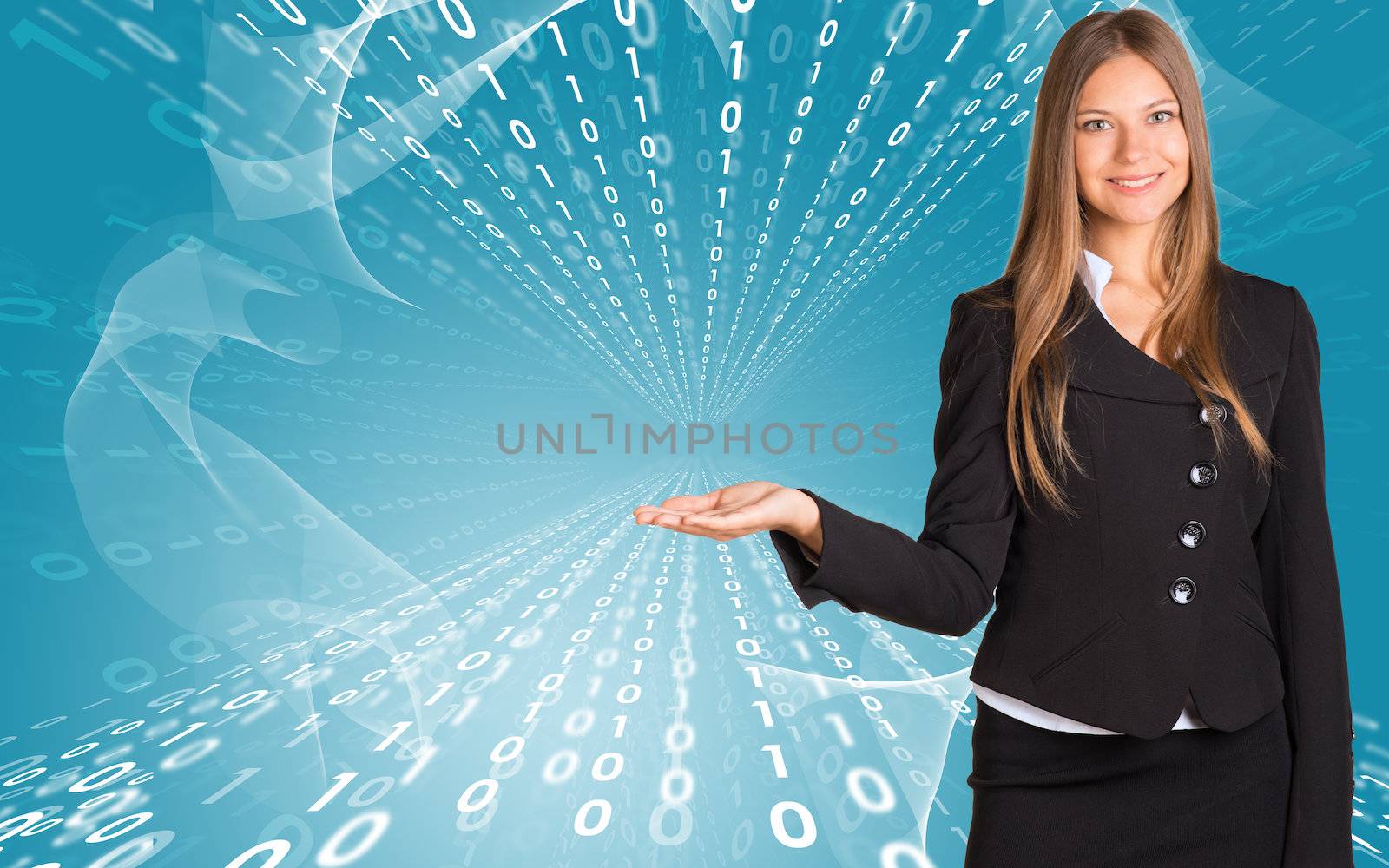 Businesswomen pointing to empty copy space. Glow figures as backdrop