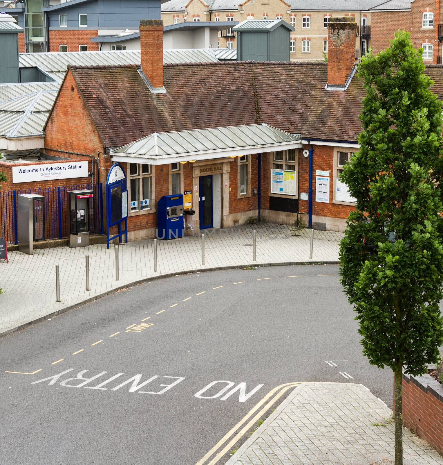 AYLESBURY, ENGLAND - JULY 21: The entrance to Aylesbury Station, Buckinghamshire on July 21, 2014. The station is served by Chiltern Railways and there are plans to re-open the line to Milton Keynes via Bletchley.
