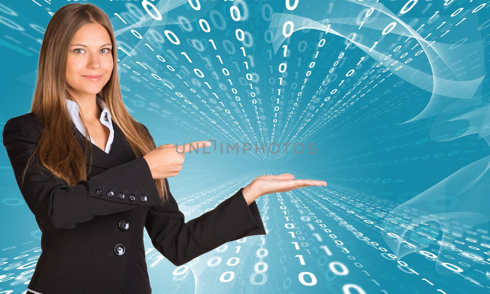 Businesswomen pointing to empty copy space. Glow figures as backdrop