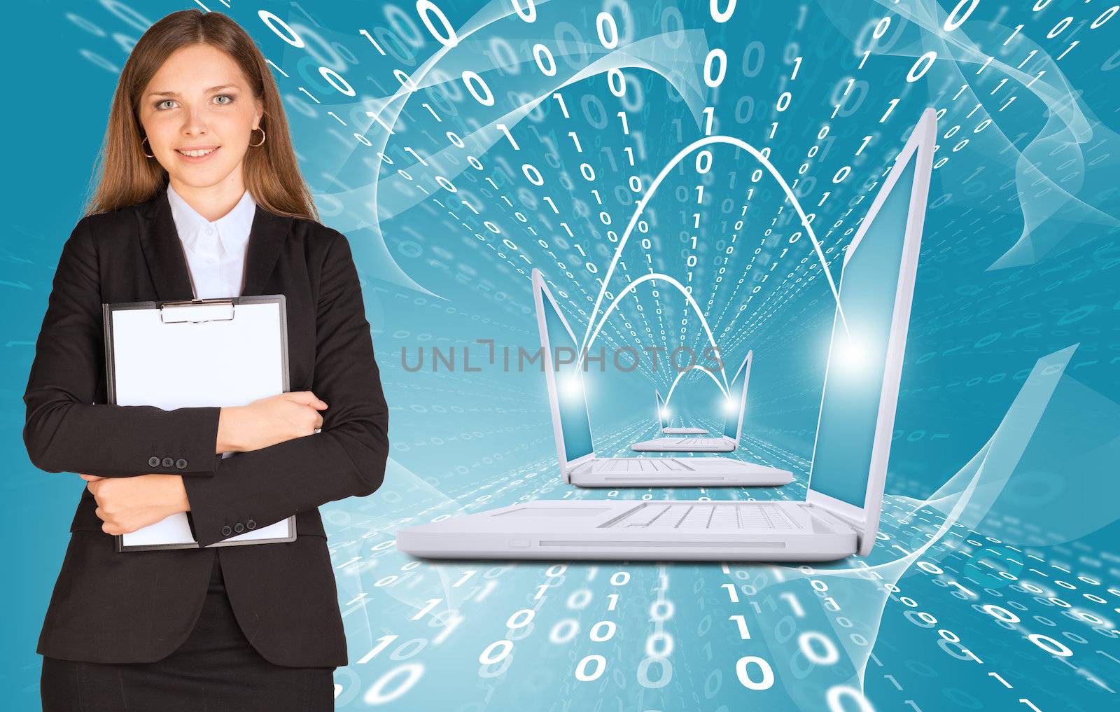 Businesswomen with laptops. Glow figures as backdrop