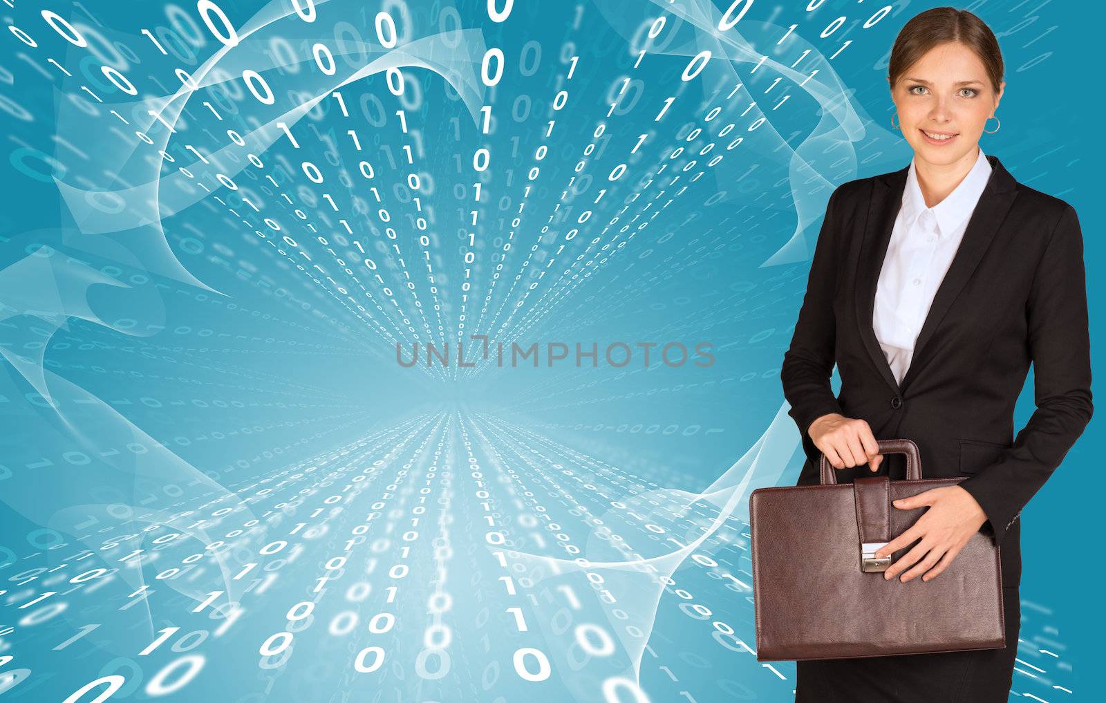 Businesswomen with briefcase. Glow figures as backdrop