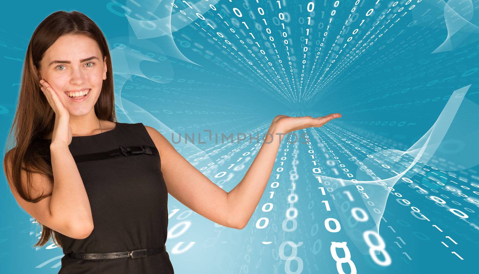 Businesswomen hold empty copy space. Glow figures as backdrop