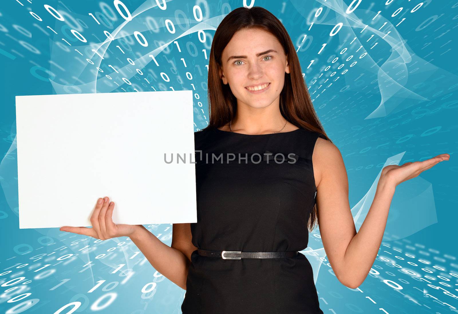 Businesswomen hold empty white paper. Glow figures as backdrop