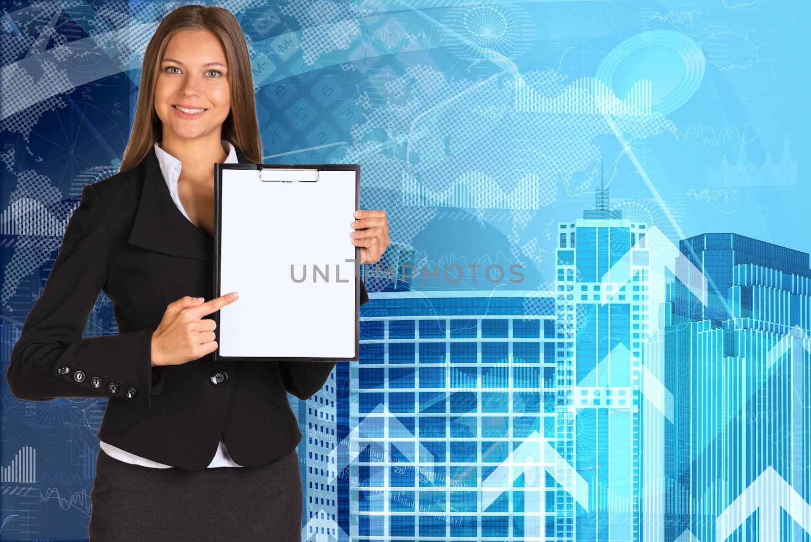 Businesswoman holding paper holder in his hands. Skyscrapers and arrows as backdrop