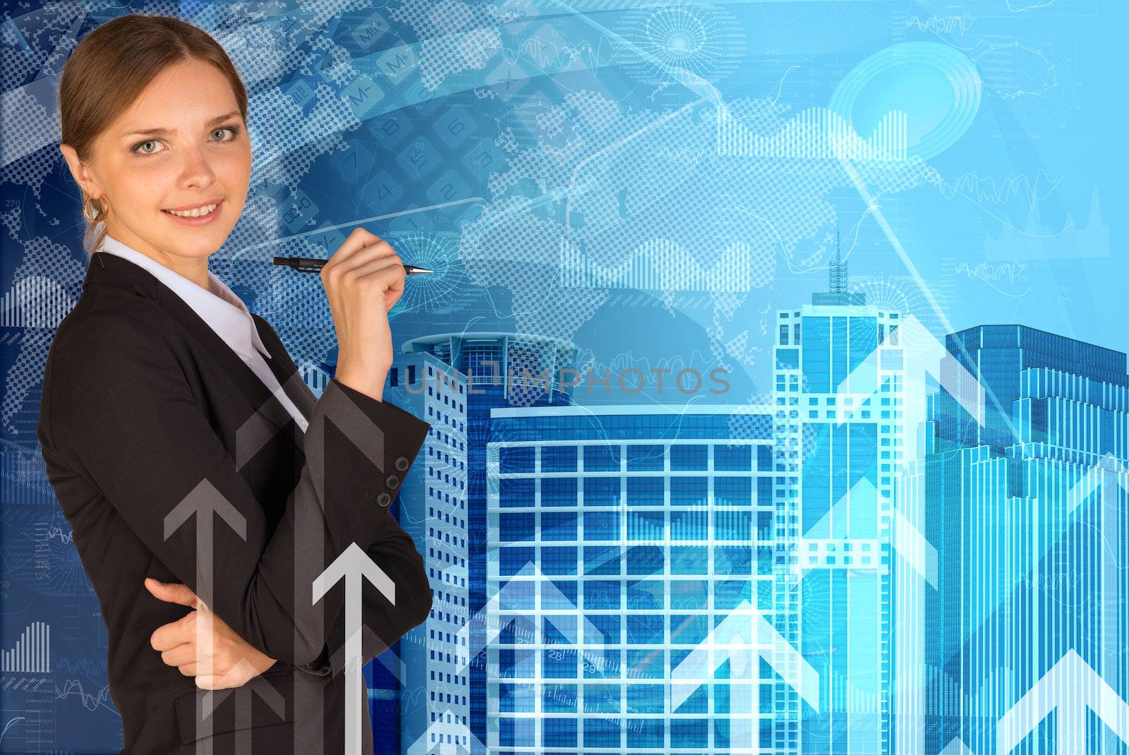 Businesswoman holding pen in his hand. Skyscrapers and arrows as backdrop