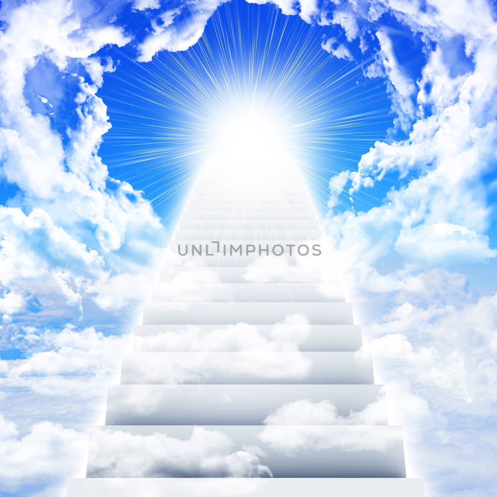 Stairs in sky with clouds and sun. Concept background