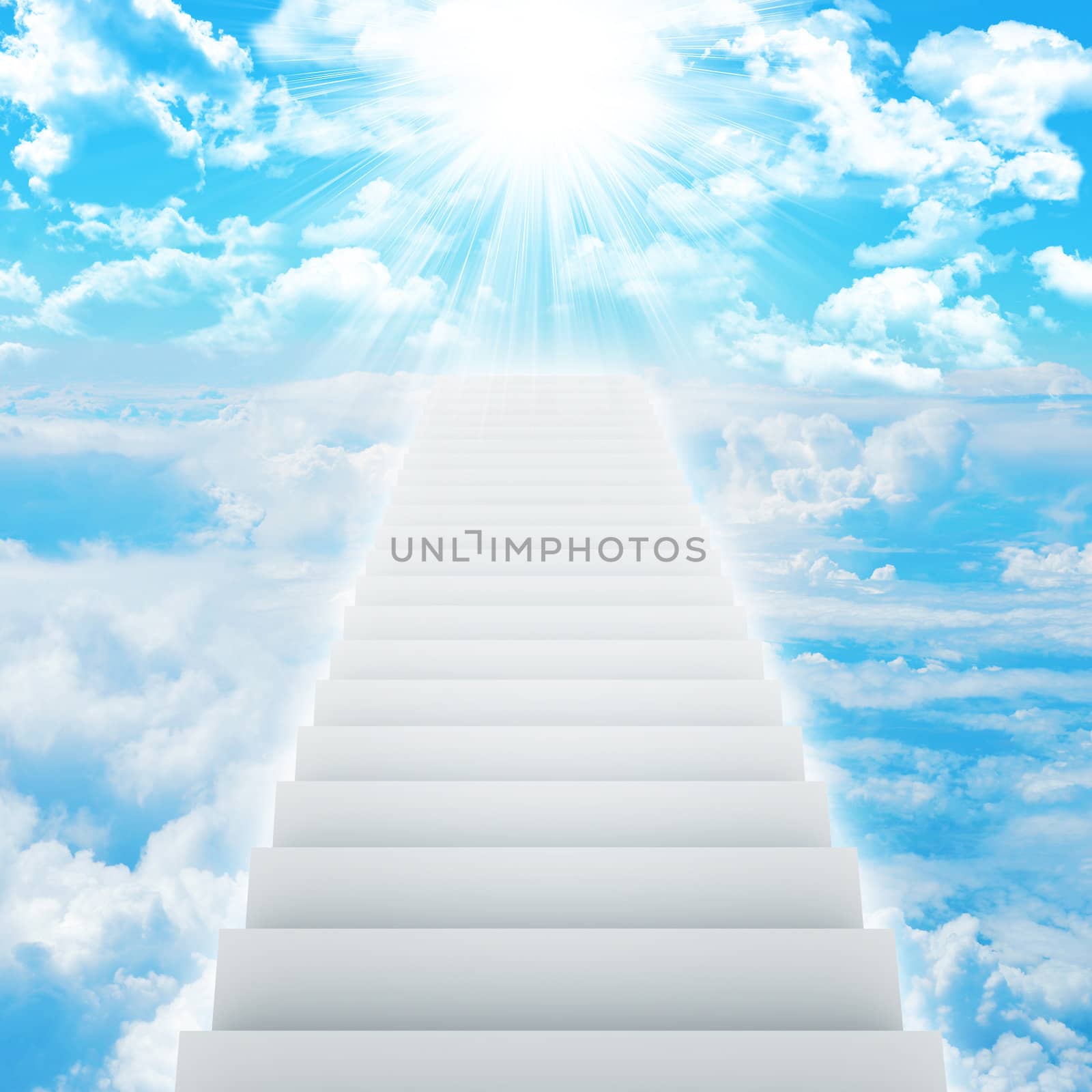 Stairs in sky with clouds and sun. Concept background